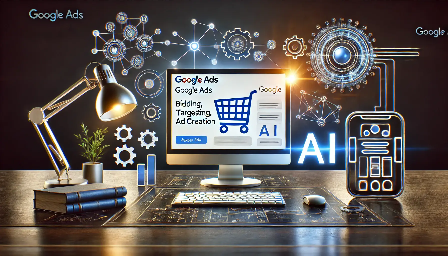 An image showing AI-powered tools in Google Ads, such as automated bidding, targeting, and ad creation, with abstract elements representing AI and automation.