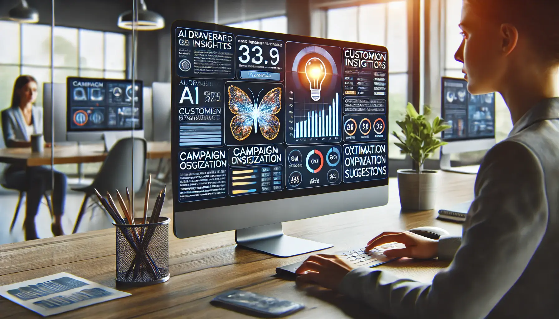 A digital marketing workspace displaying AI-driven insights for campaign optimization, including performance metrics and customer behavior data.