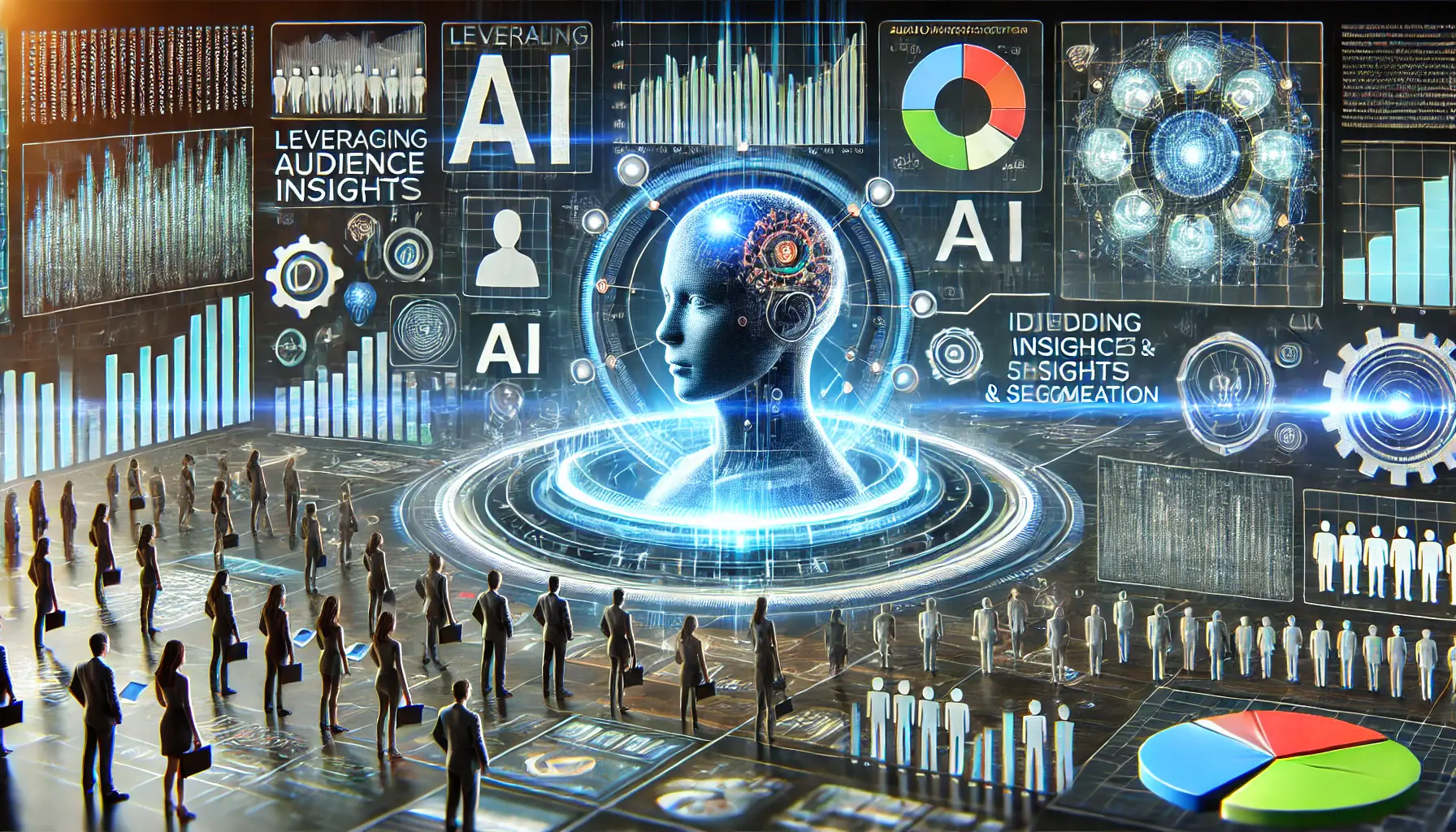 A high-tech digital interface where AI algorithms analyze user behavior, demographics, and preferences, with visual elements like graphs and segmented audience groups.