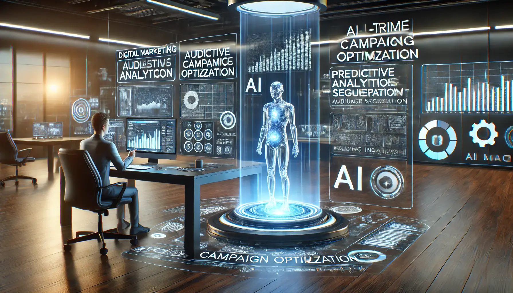 A futuristic marketing workspace with a holographic AI assistant and digital analytics displays for campaign optimization.