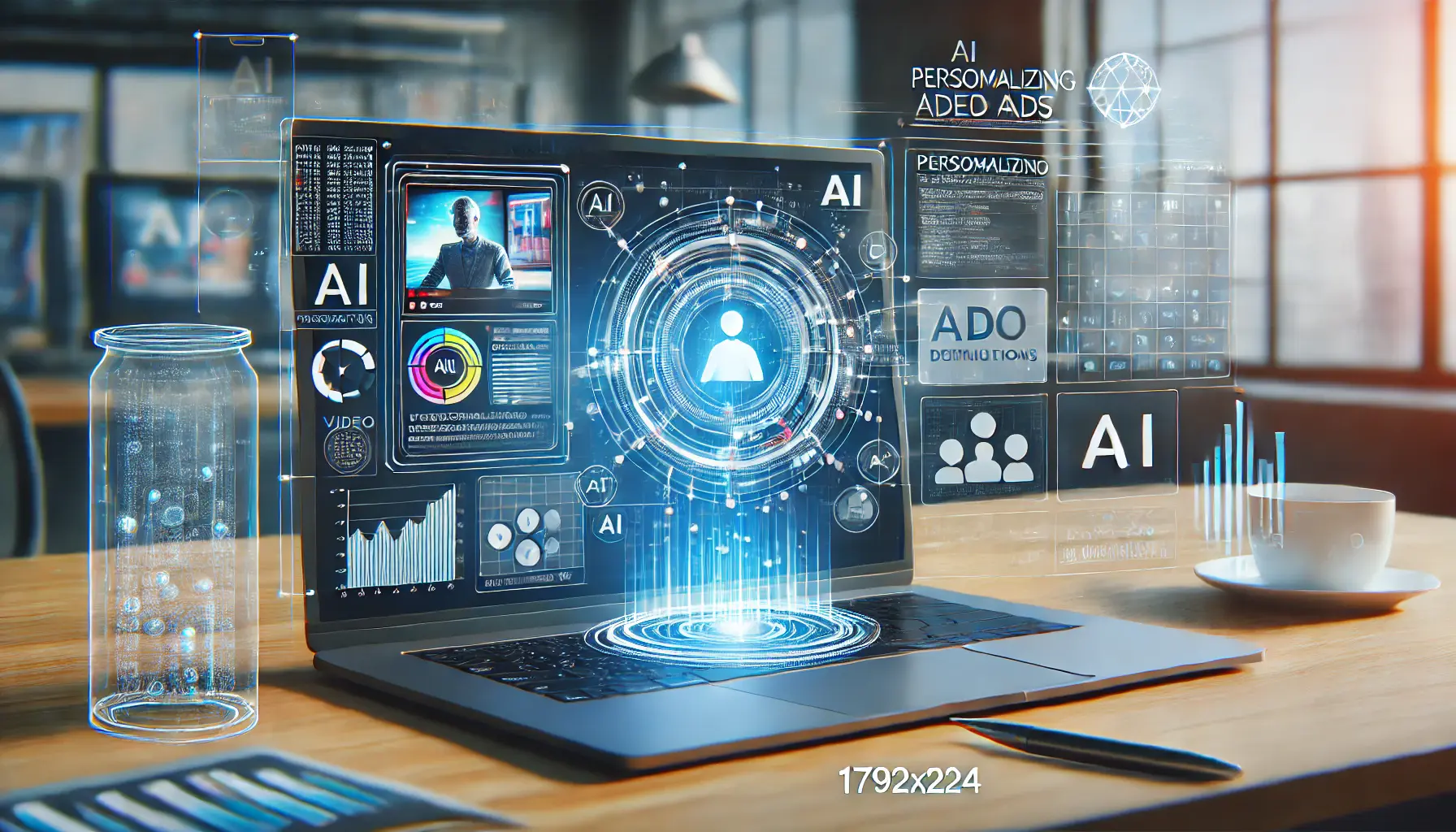 An illustration showing a laptop screen with an AI-powered system analyzing user data to personalize video ads in real time.