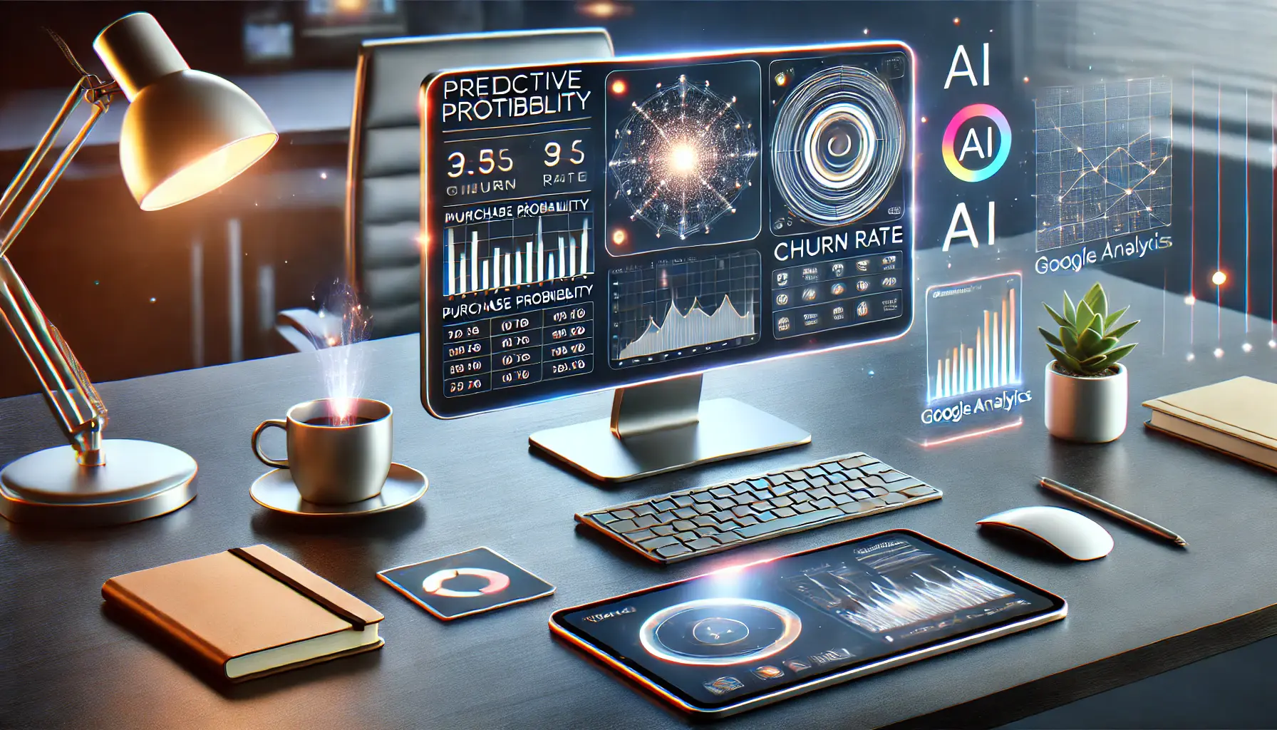 A workspace showcasing a computer screen with AI-powered insights in Google Analytics, featuring predictive metrics and graphs.