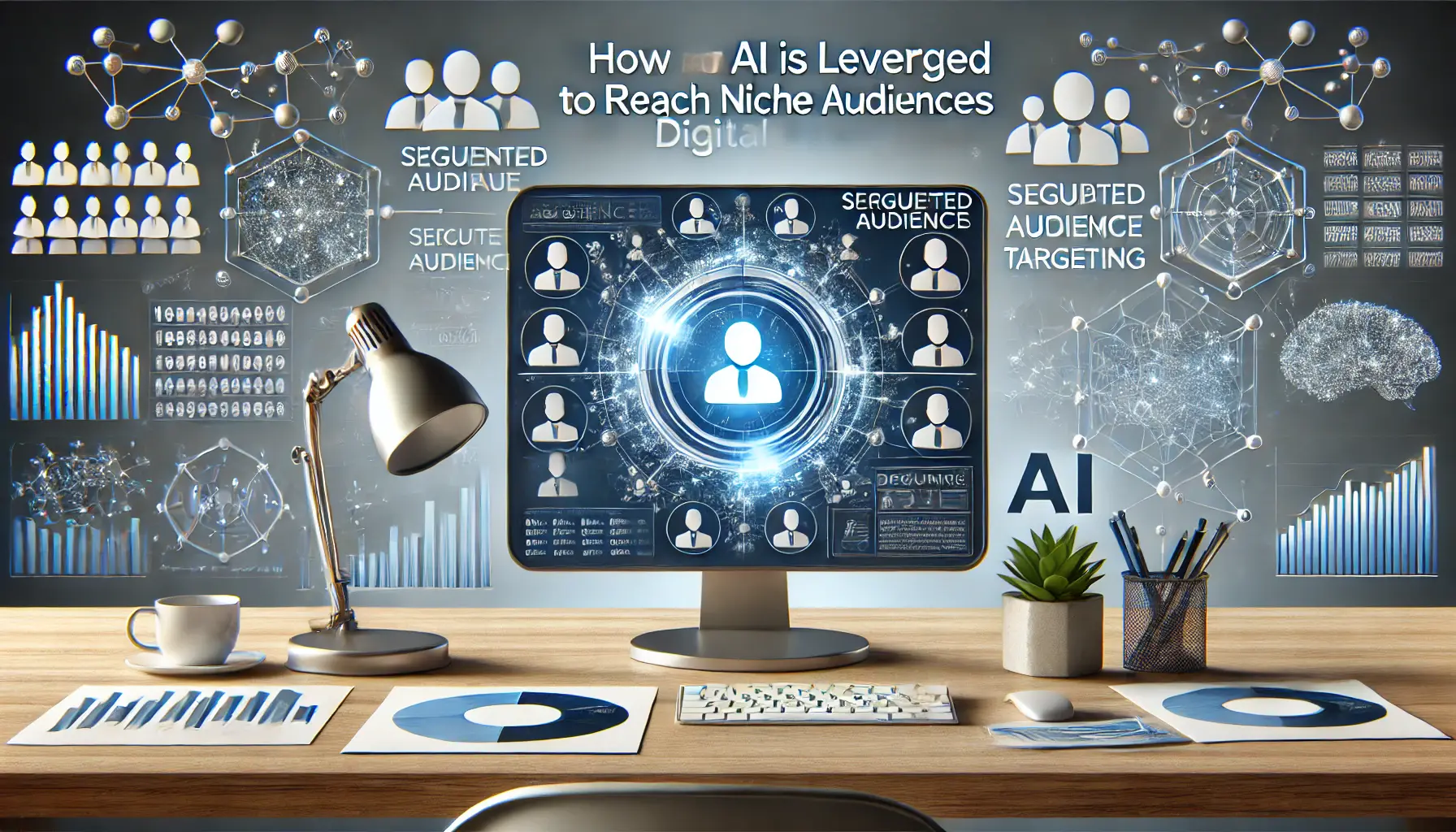 An image showing how AI is used to reach niche audiences, with segmented audience data and AI-driven targeting in a digital workspace.