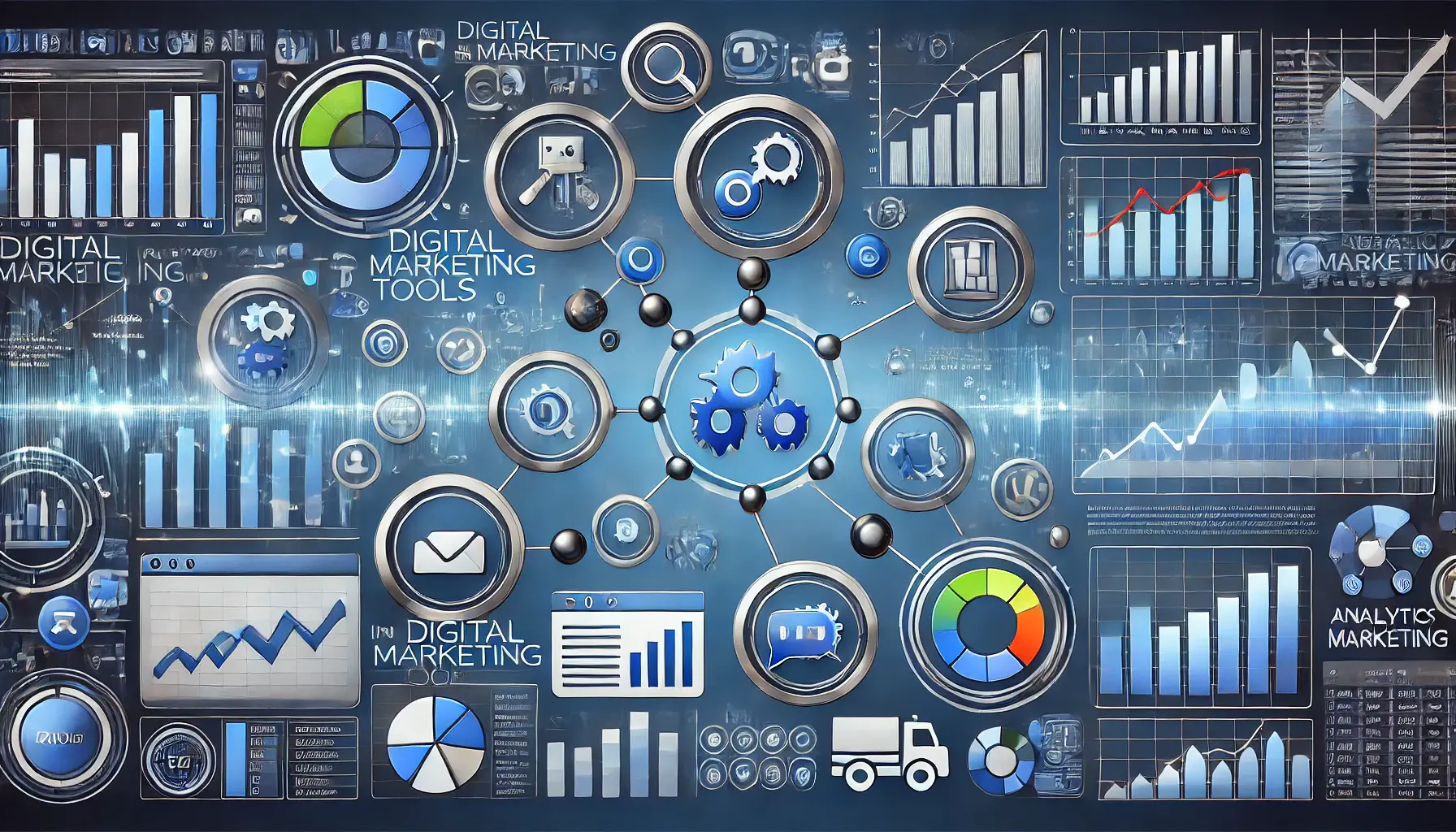 Image illustrating the use of analytics tools, such as graphs, pie charts, and data dashboards, for data analysis in digital marketing.