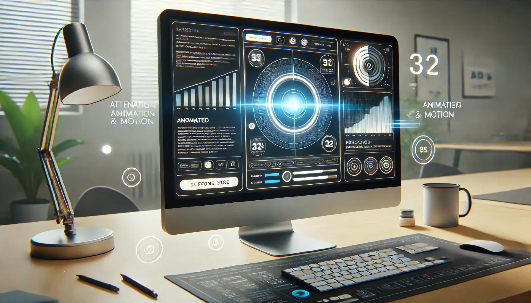 A digital workspace featuring an ad design with dynamic motion elements like moving buttons and animated graphics to capture attention.