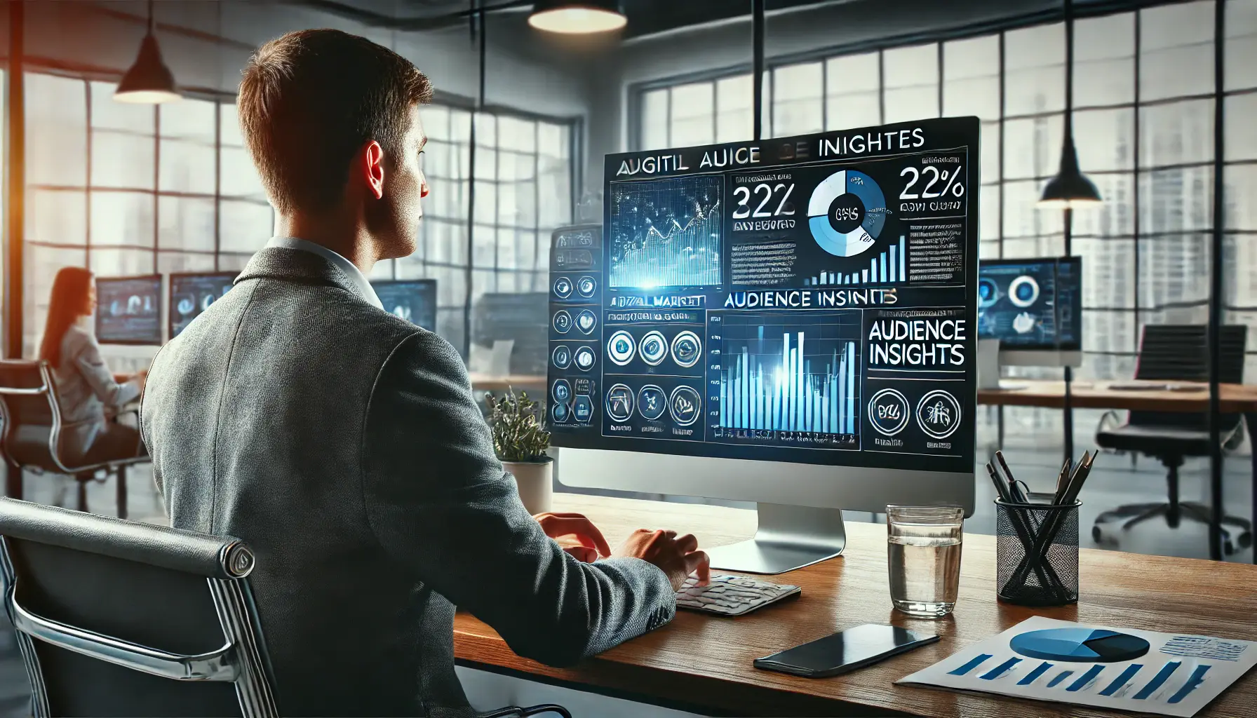 A digital marketer analyzing audience insights on a computer screen with charts and demographic data in a modern office.