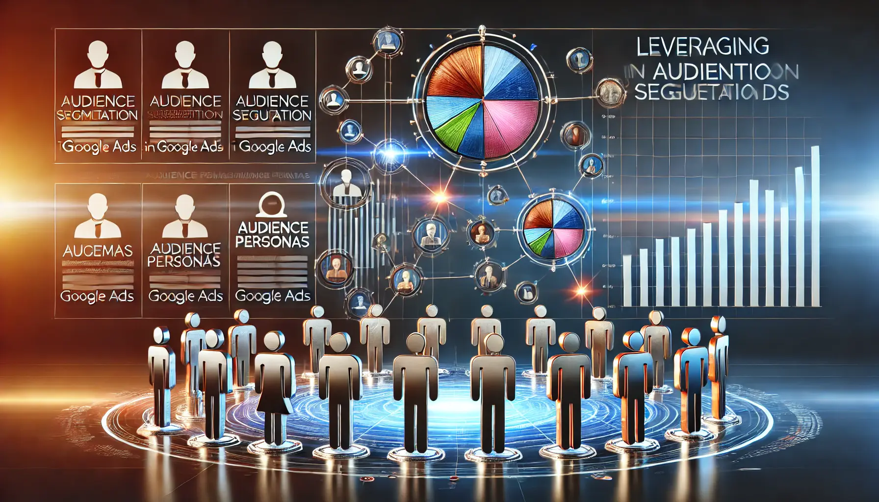 Abstract image showcasing the concept of audience segmentation with a digital dashboard, pie charts, and connected audience personas.