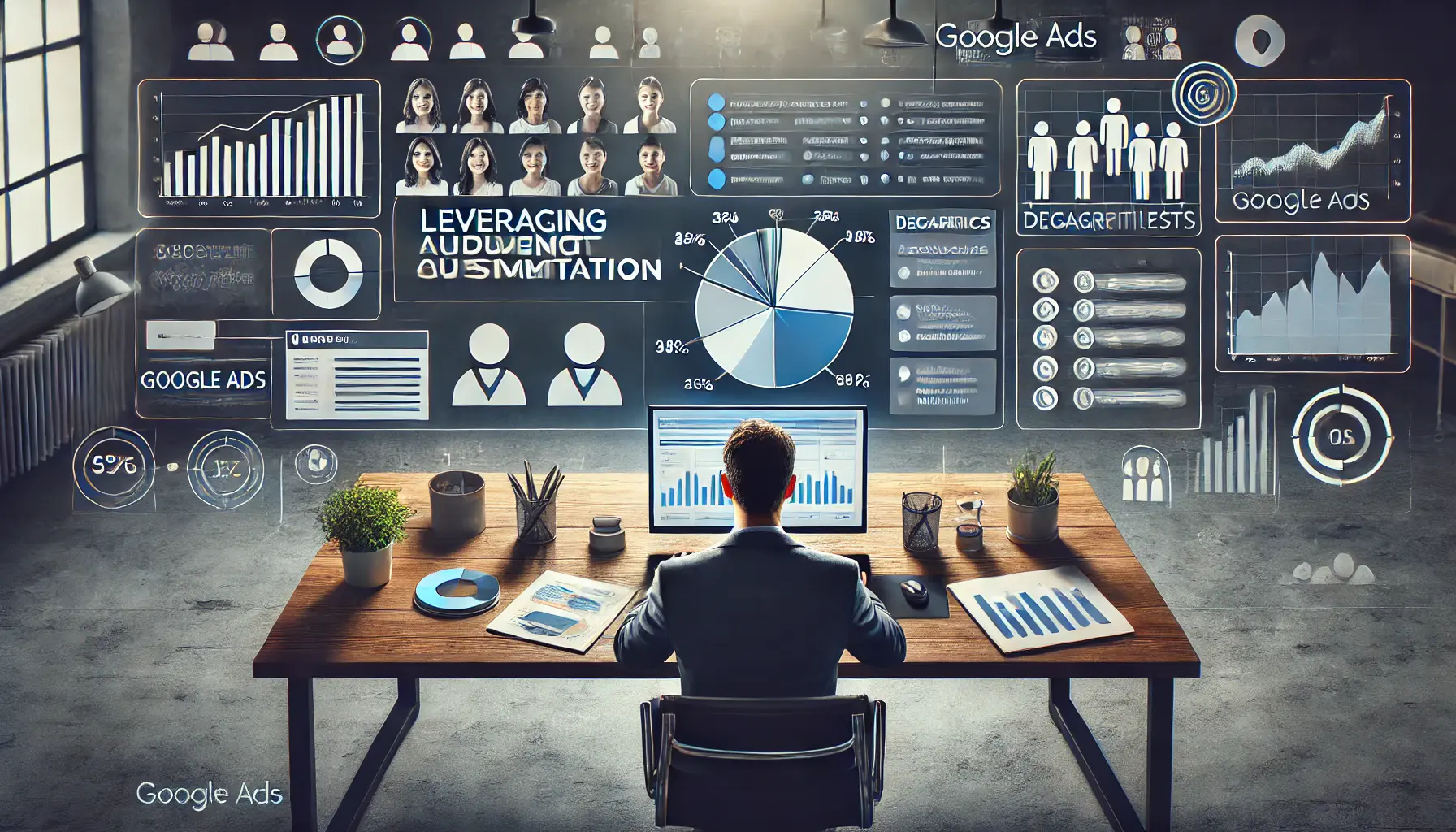 A digital marketer analyzing audience segmentation based on demographics, interests, and behavior on a dashboard.