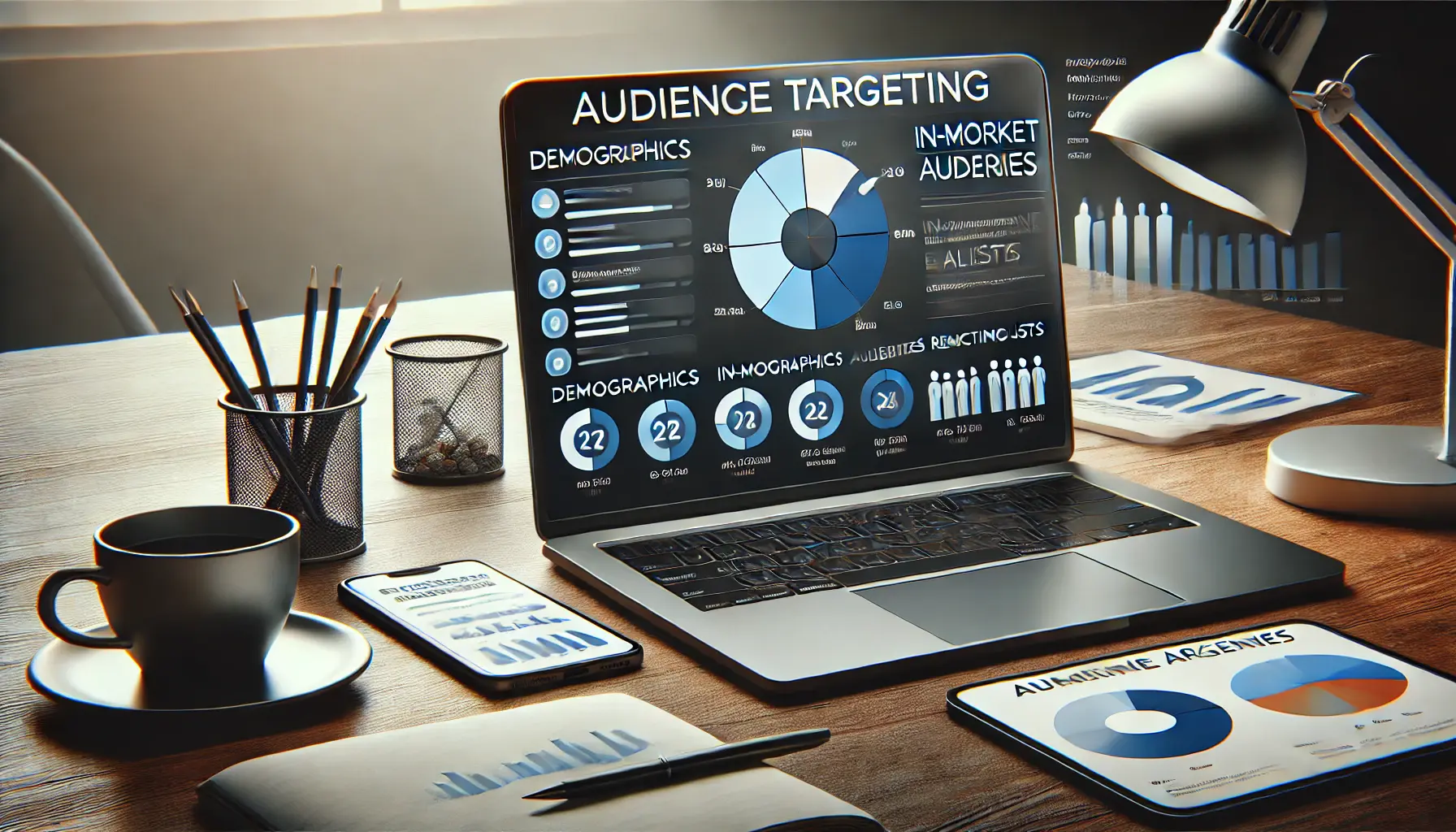 A digital marketing workspace with a laptop displaying audience targeting options for Google Ads.