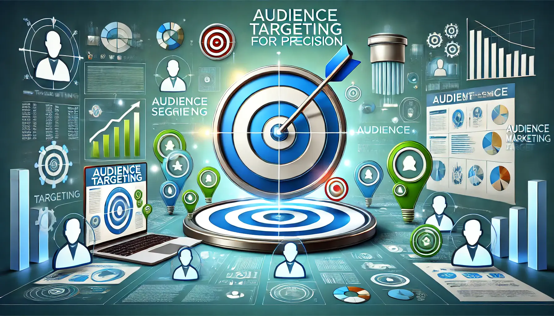 A digital marketing scene showing a target symbol with user icons and data points, representing the precision of audience targeting.