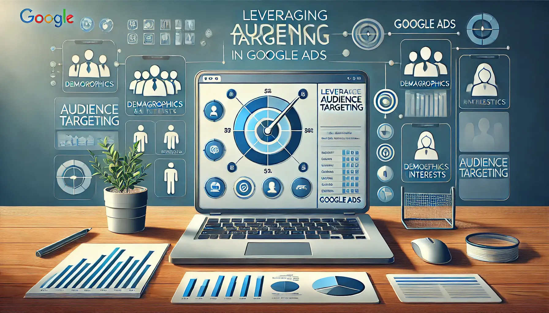 A workspace with a laptop displaying an audience targeting dashboard, surrounded by icons representing audience segments, a target symbol, and data charts.