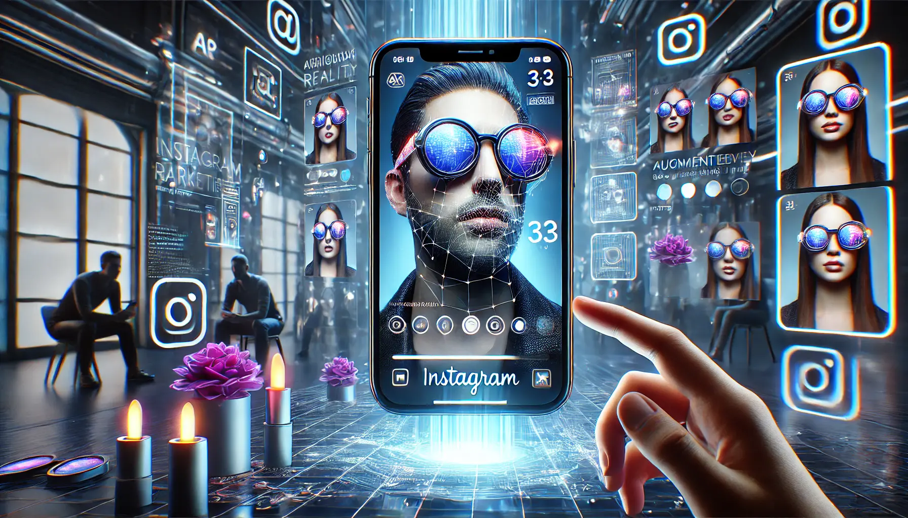 A futuristic digital marketing concept showcasing Instagram AR ads with an interactive filter allowing users to try on virtual products like sunglasses or makeup in real time.