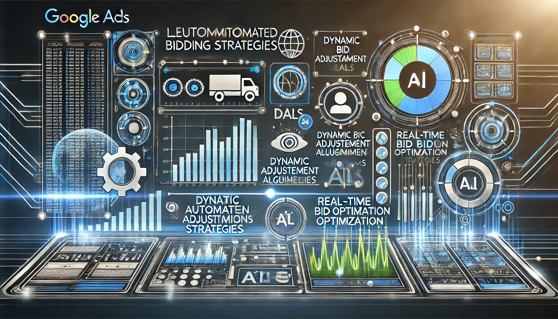 Digital dashboard showing automated bidding tools, machine learning algorithms, and bid optimization graphs for Google Ads.