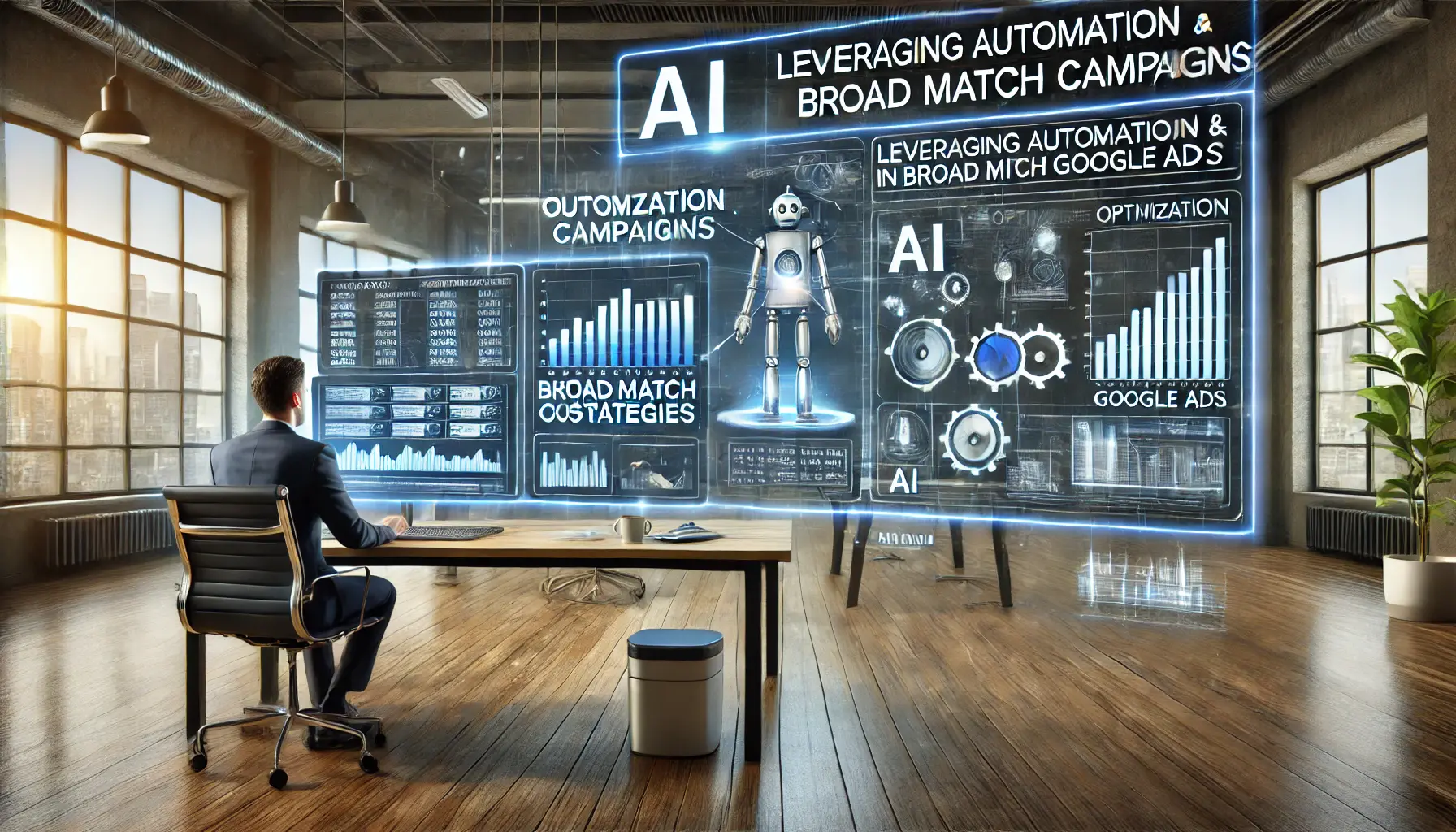A digital workspace showing a marketer using AI-powered tools and automation to optimize broad match campaigns in Google Ads.