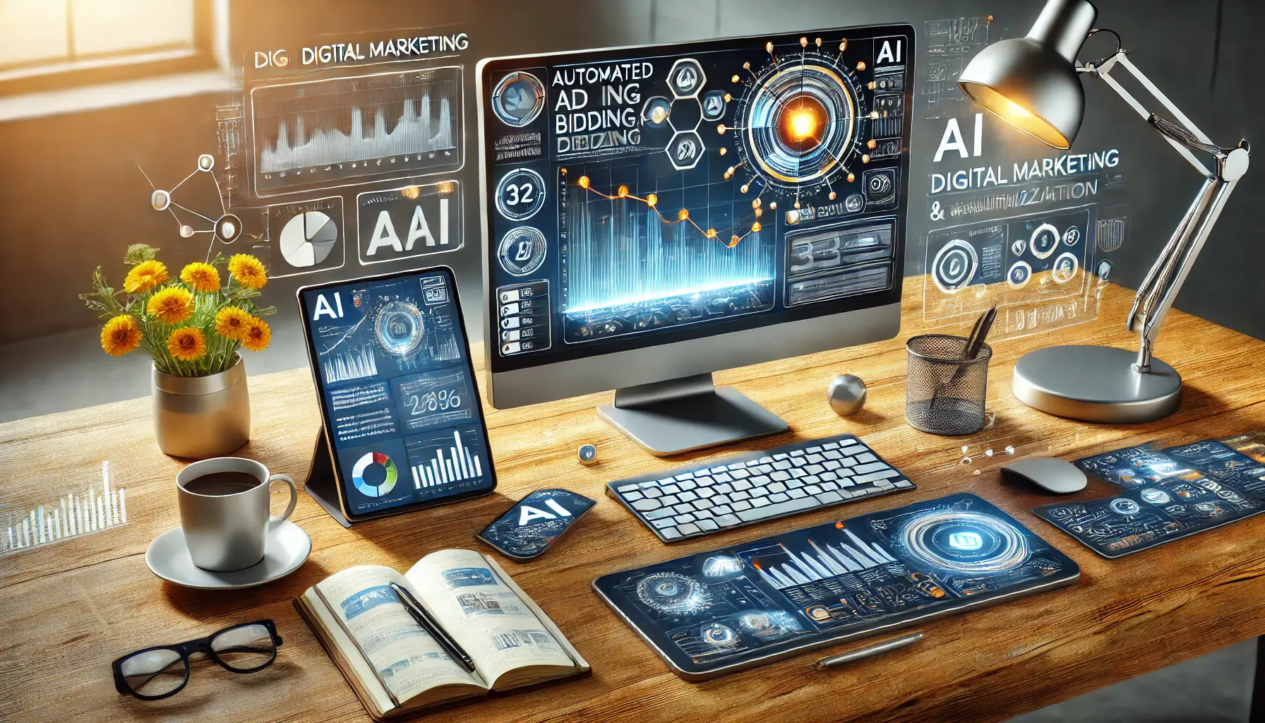 A digital marketing workspace with a computer screen displaying an AI dashboard, tablet with analytics, and tools for automation.