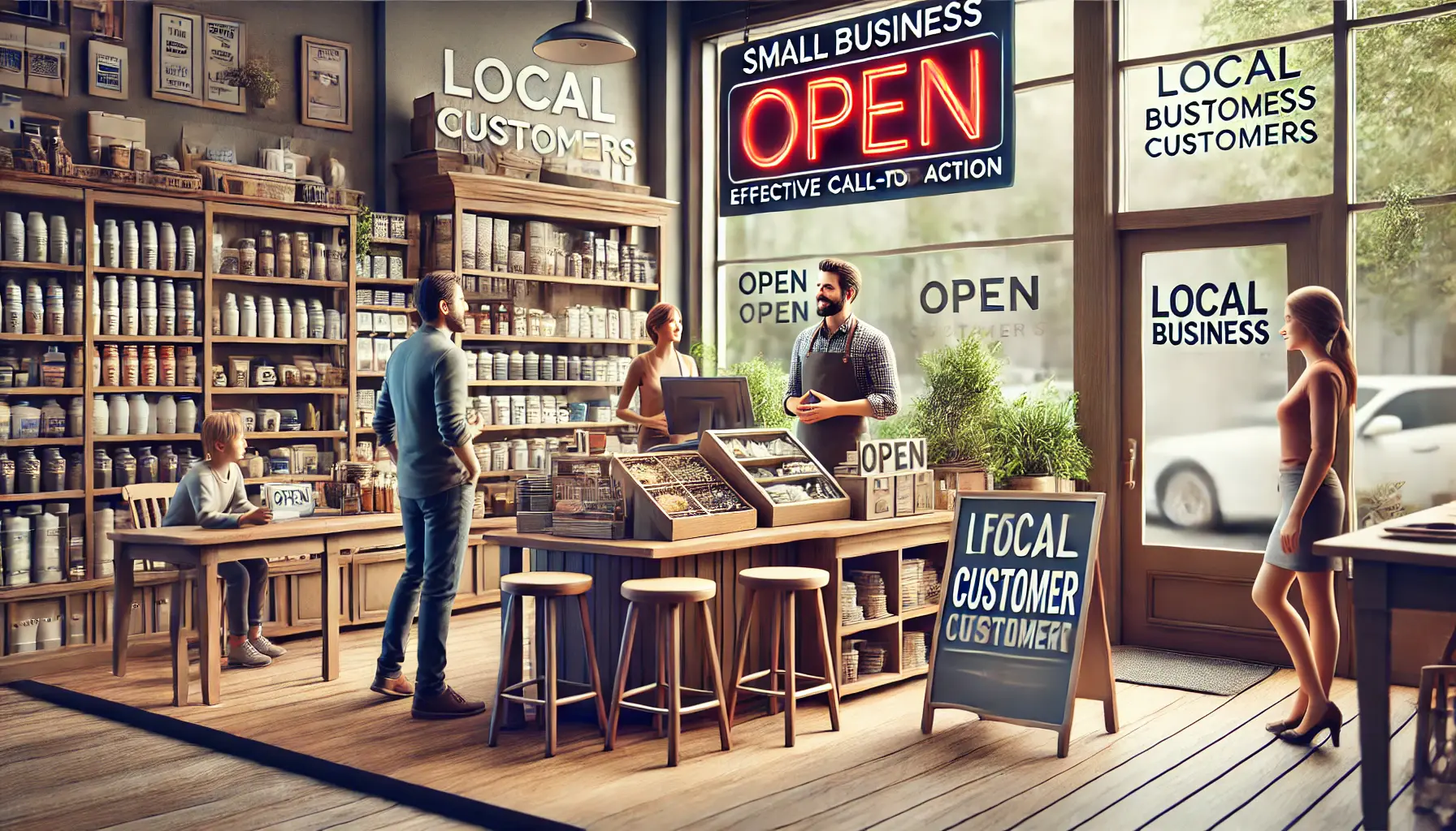 A small business owner interacting with local customers in a store, emphasizing engagement and call-to-action phrases.