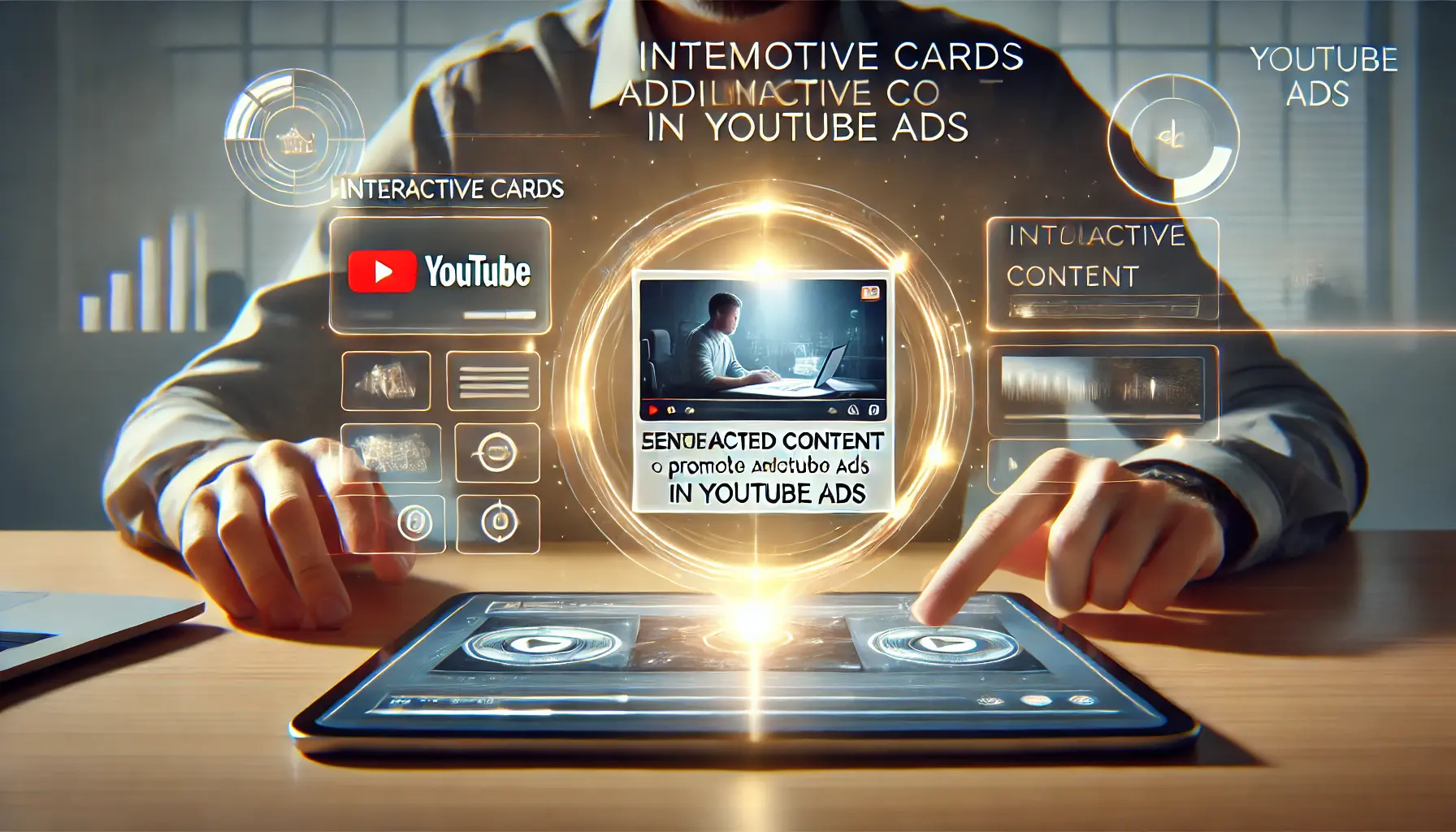 A YouTube video interface with an interactive card suggesting related content, surrounded by engagement icons and a professional digital setup.