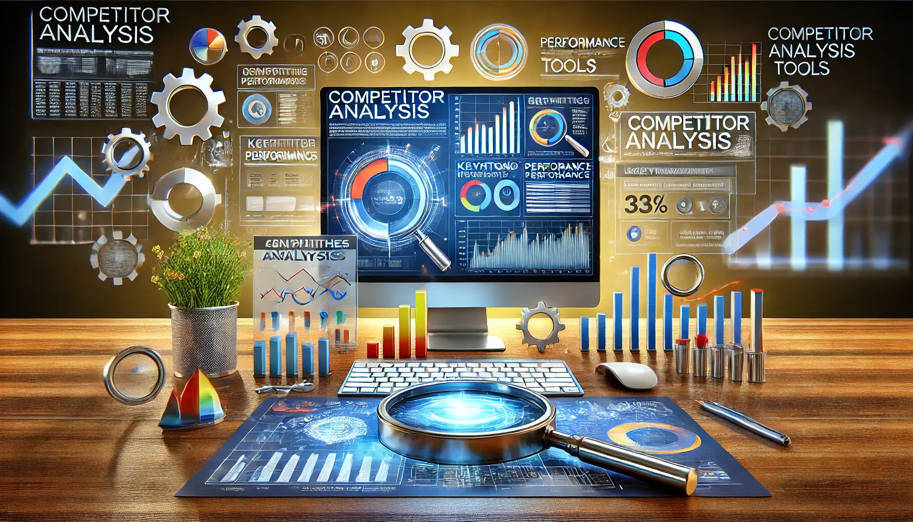 A modern workspace showing a computer screen with analytics software interfaces displaying charts, keyword performance, and ad comparisons, surrounded by data flow graphics and gear icons.