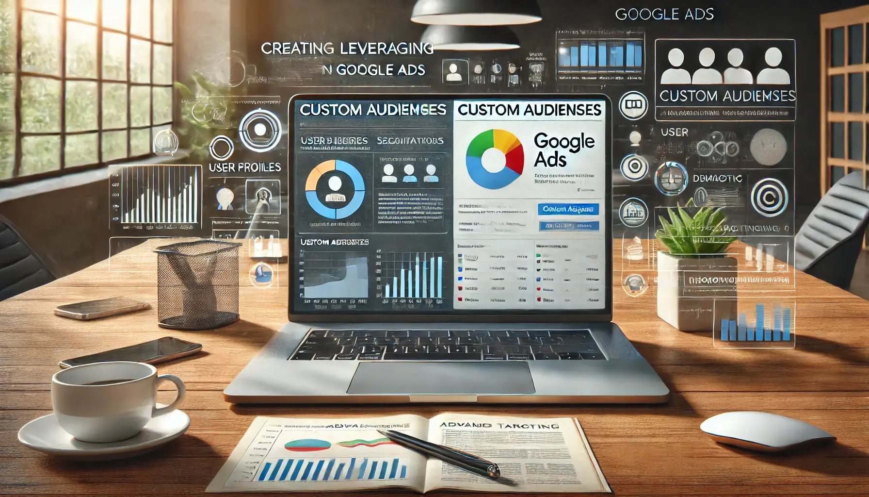 A realistic image of a laptop displaying Google Ads platform with custom audience segmentation tools, showing user profiles and demographic filters.