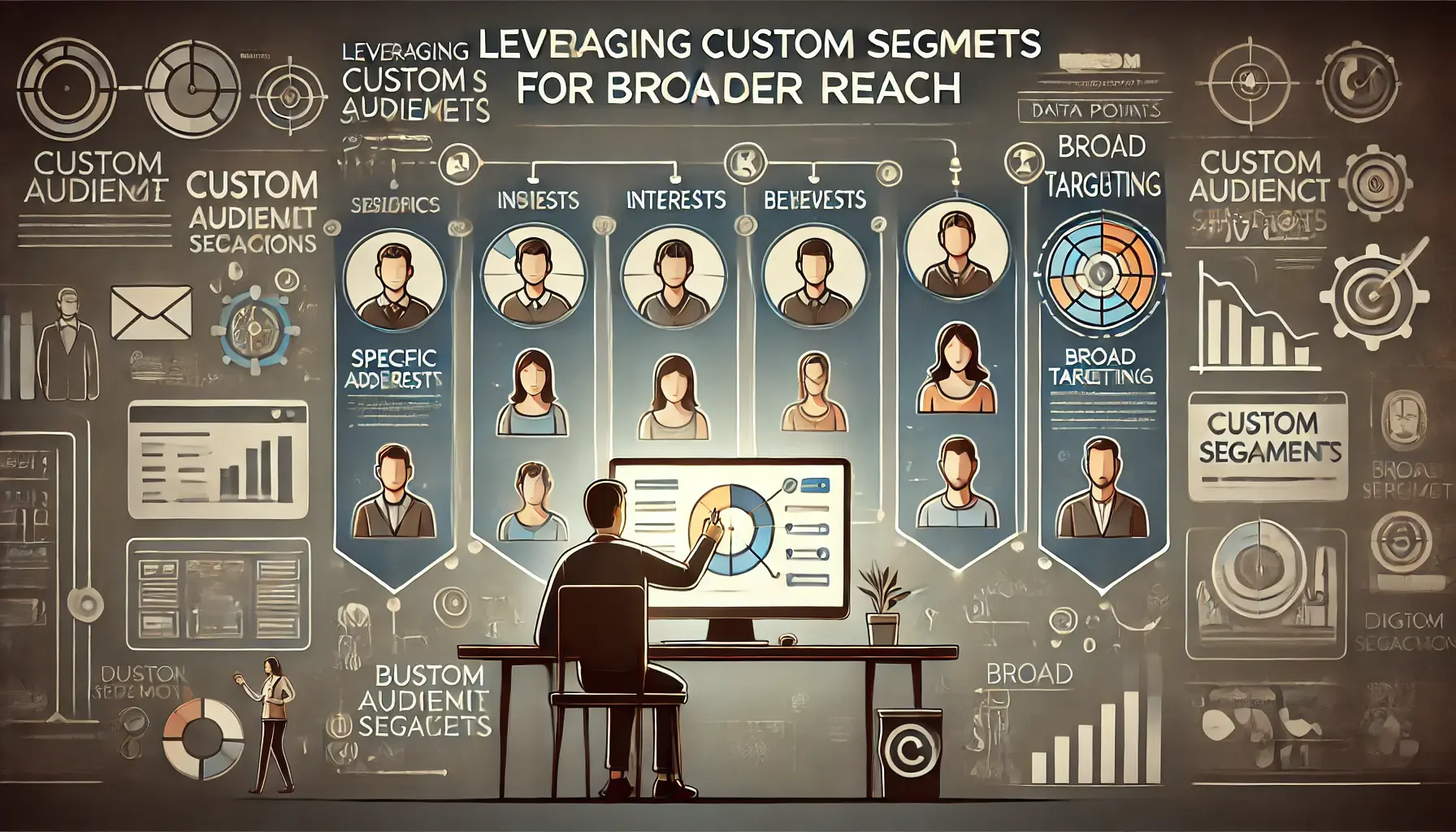 An image showing a marketer using a computer to define custom audience segments, with visuals of diverse user profiles and segmented data points for broader targeting.