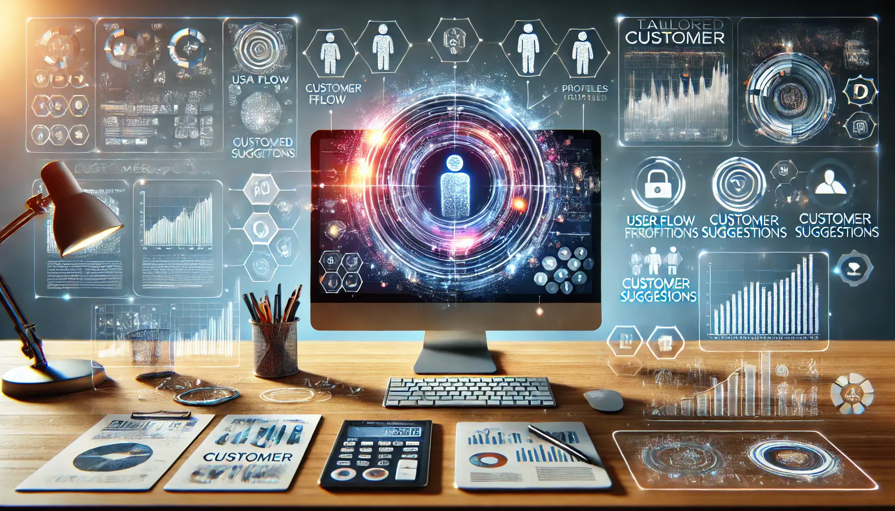 A professional workspace with a computer screen displaying customer data analytics, surrounded by graphs, user profiles, and abstract visuals representing personalized suggestions.