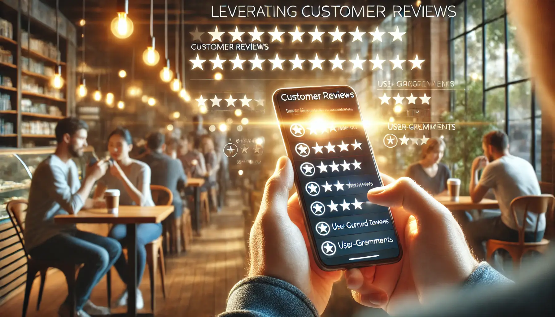 A person looking at a smartphone displaying customer reviews with star ratings in a modern store or café setting.