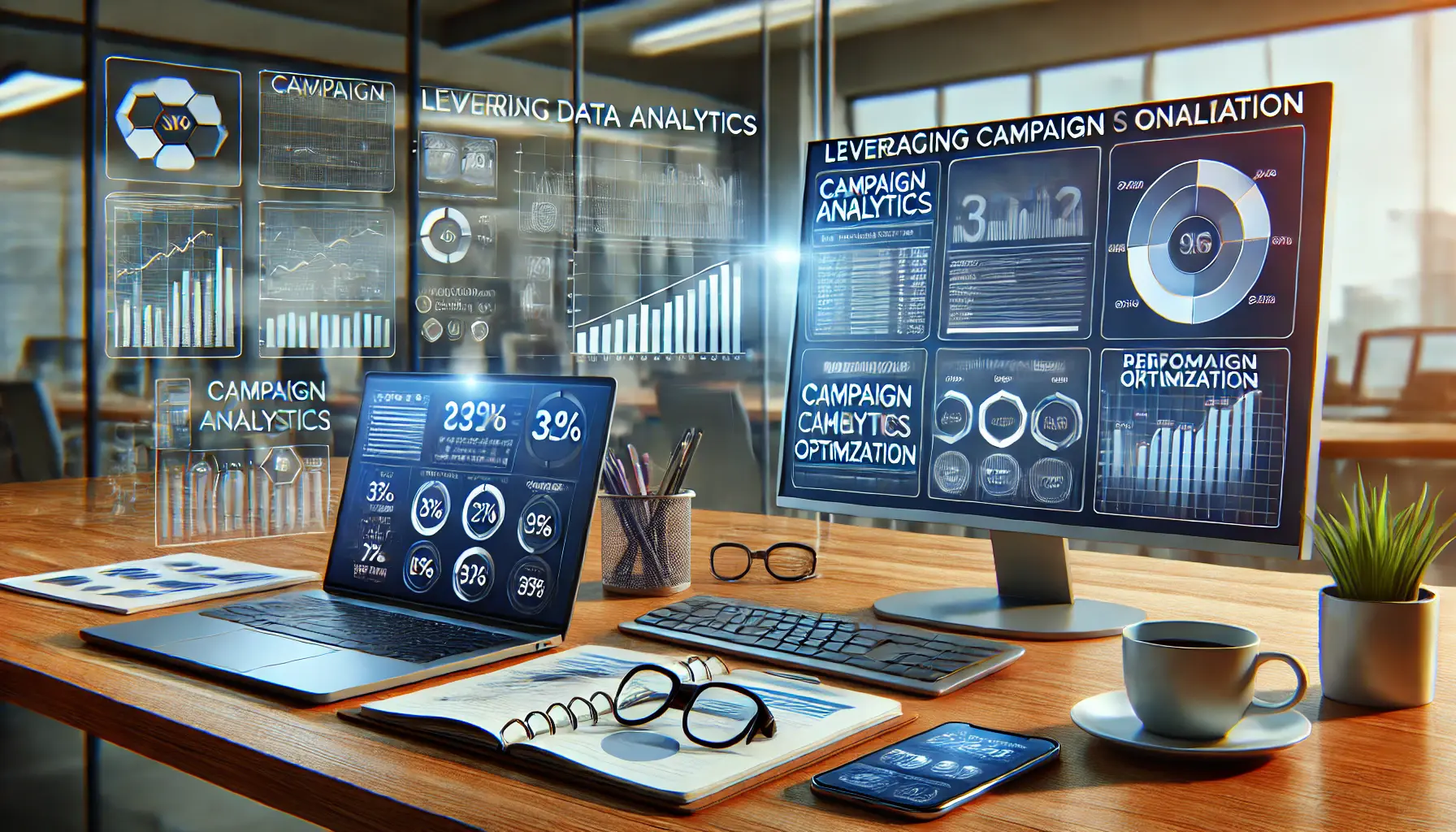 A marketing professional analyzing campaign data and performance metrics on a large screen, surrounded by digital dashboards and graphs.