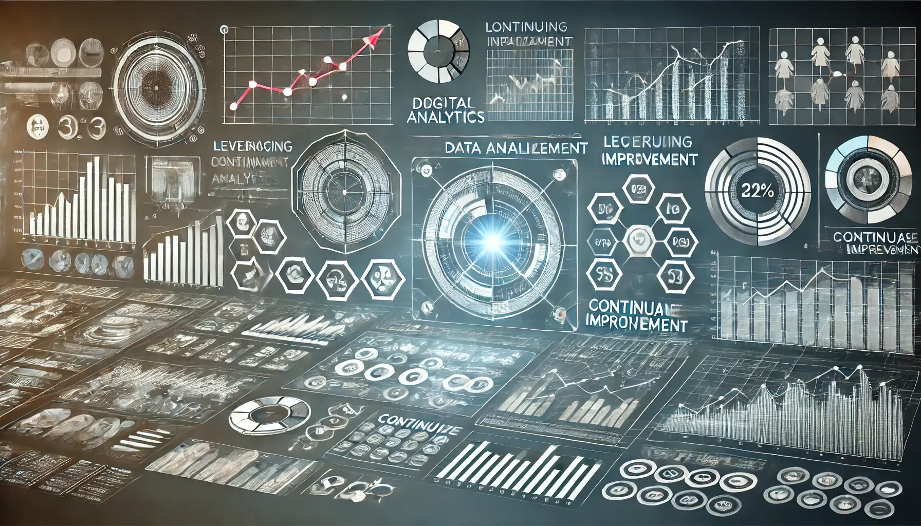 An image illustrating the concept of leveraging data analytics for continuous improvement, showing a digital dashboard with performance graphs and metrics.