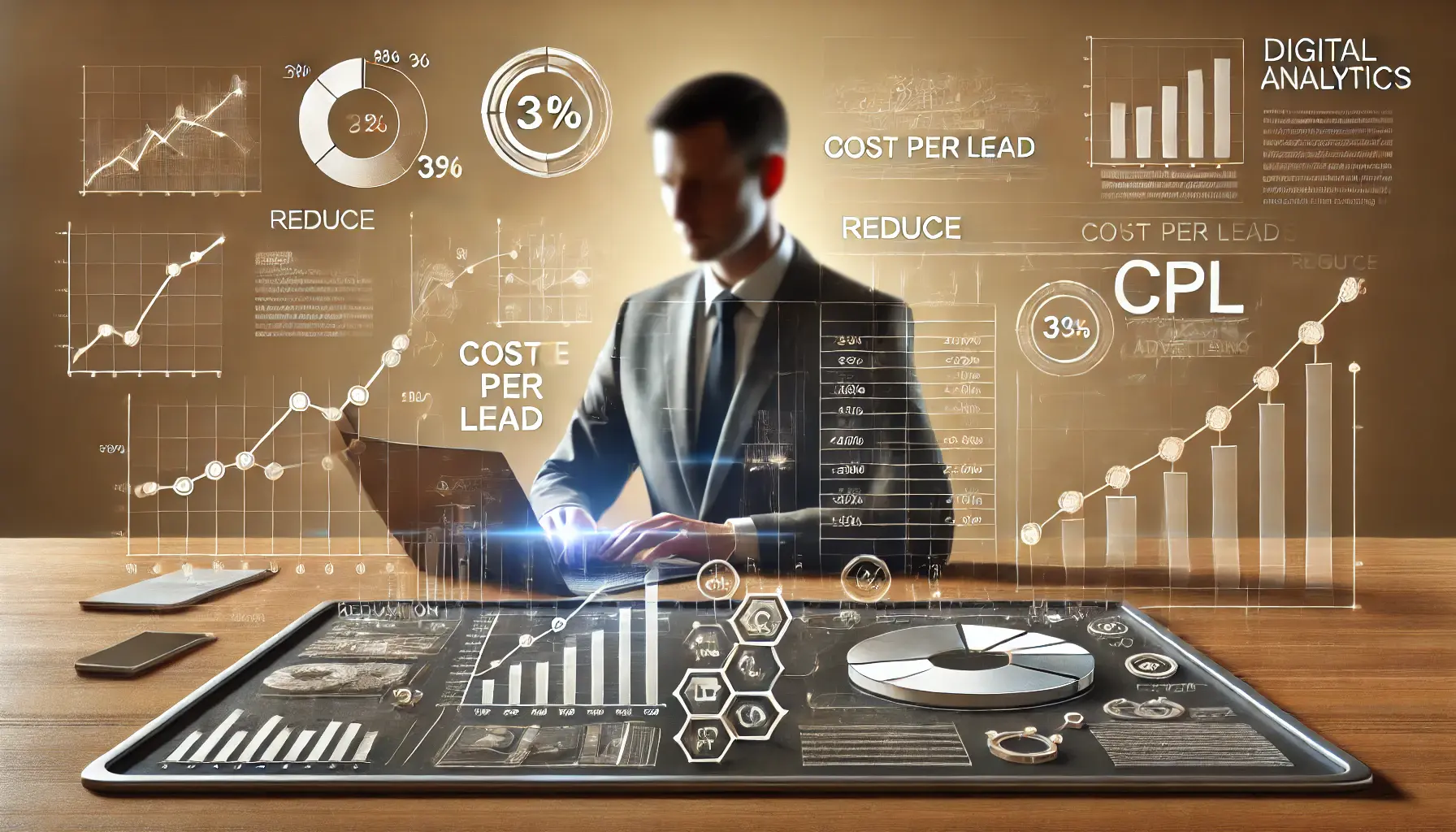 An image illustrating the concept of leveraging data analytics to reduce Cost Per Lead, showing graphs and performance metrics.