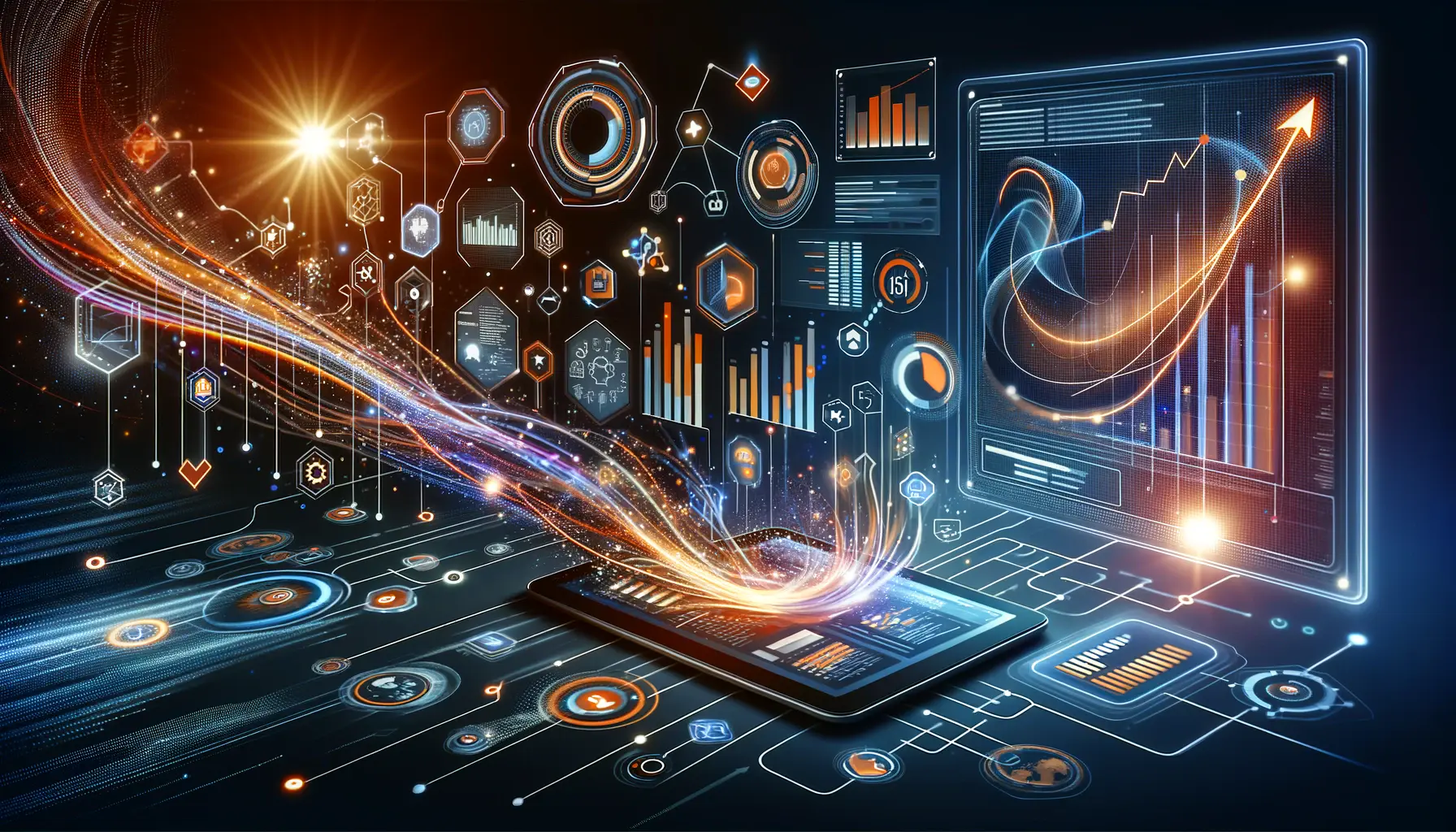 A visual representation of leveraging data-driven decisions in digital advertising, featuring data analytics symbols, charts, and performance metrics connected by dynamic lines.