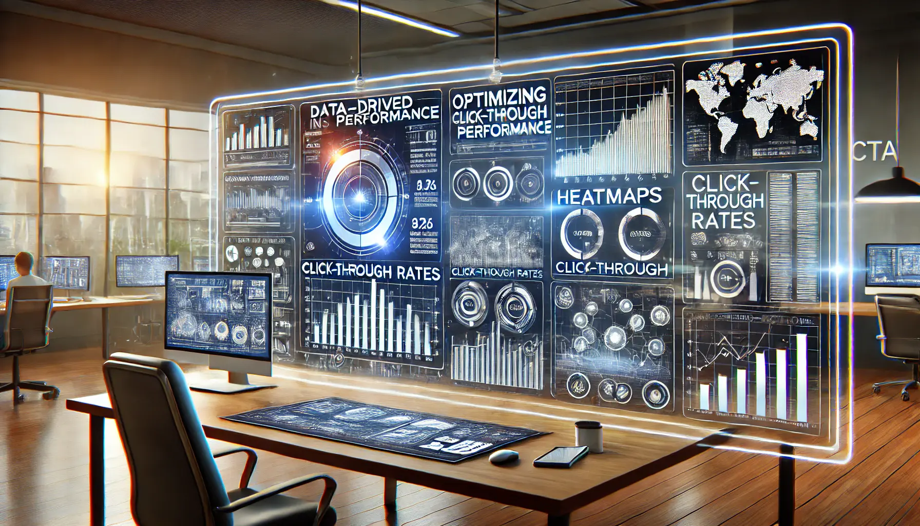 A workspace with a large screen displaying data visualizations like heatmaps and conversion metrics for optimizing CTA performance.