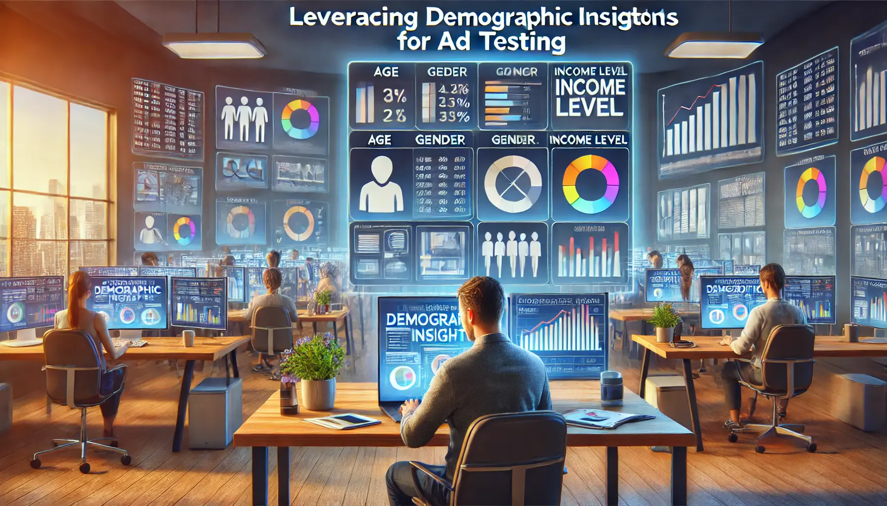 A digital marketer analyzing demographic data and testing tailored ads based on age, gender, and location in a modern office.