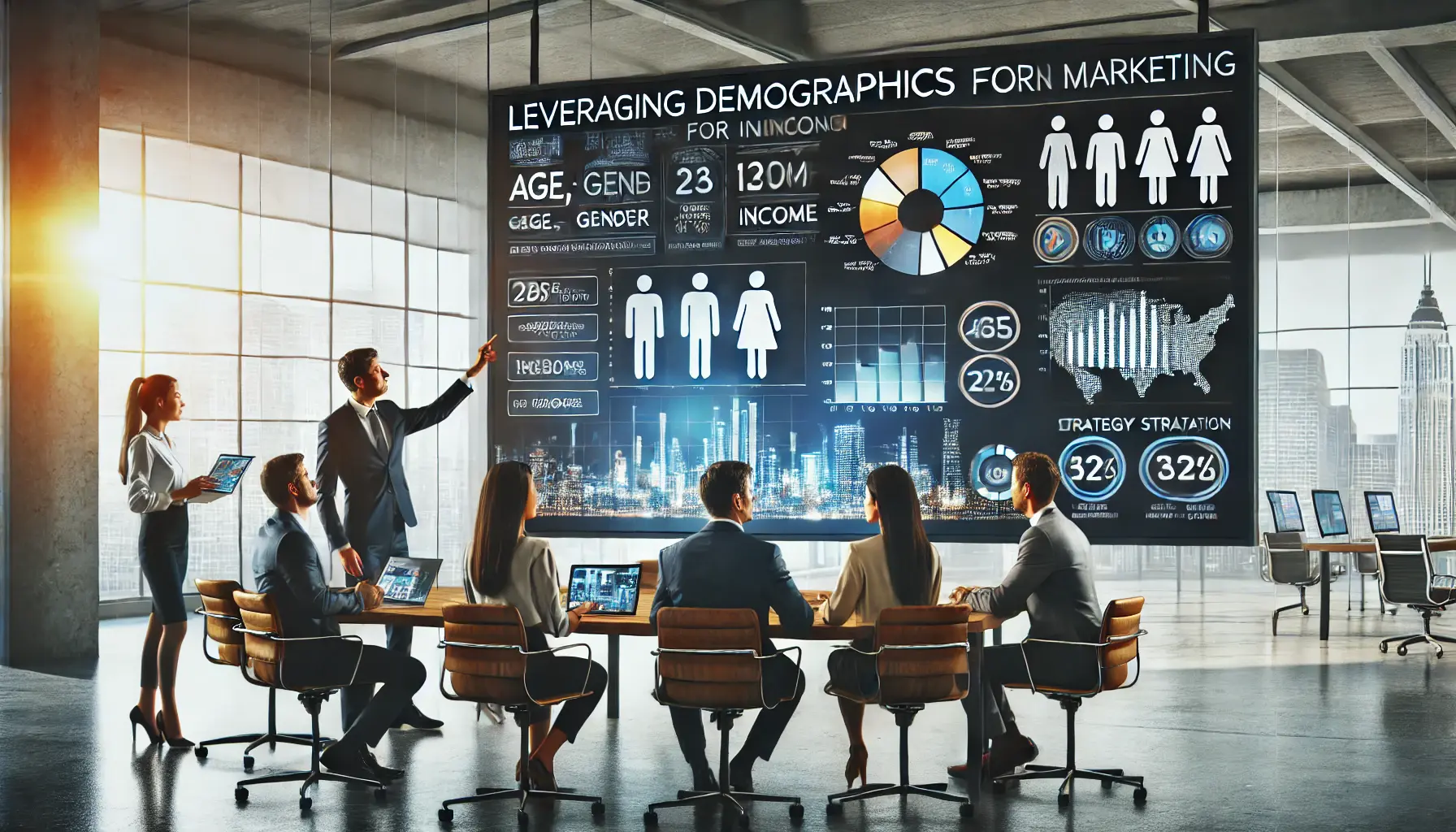 Marketers analyzing demographic data on a digital screen in a modern workspace.