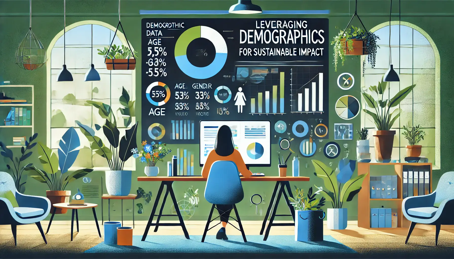 Illustration of a digital marketer analyzing demographic data on a screen, surrounded by pie charts, graphs, and eco-friendly elements.