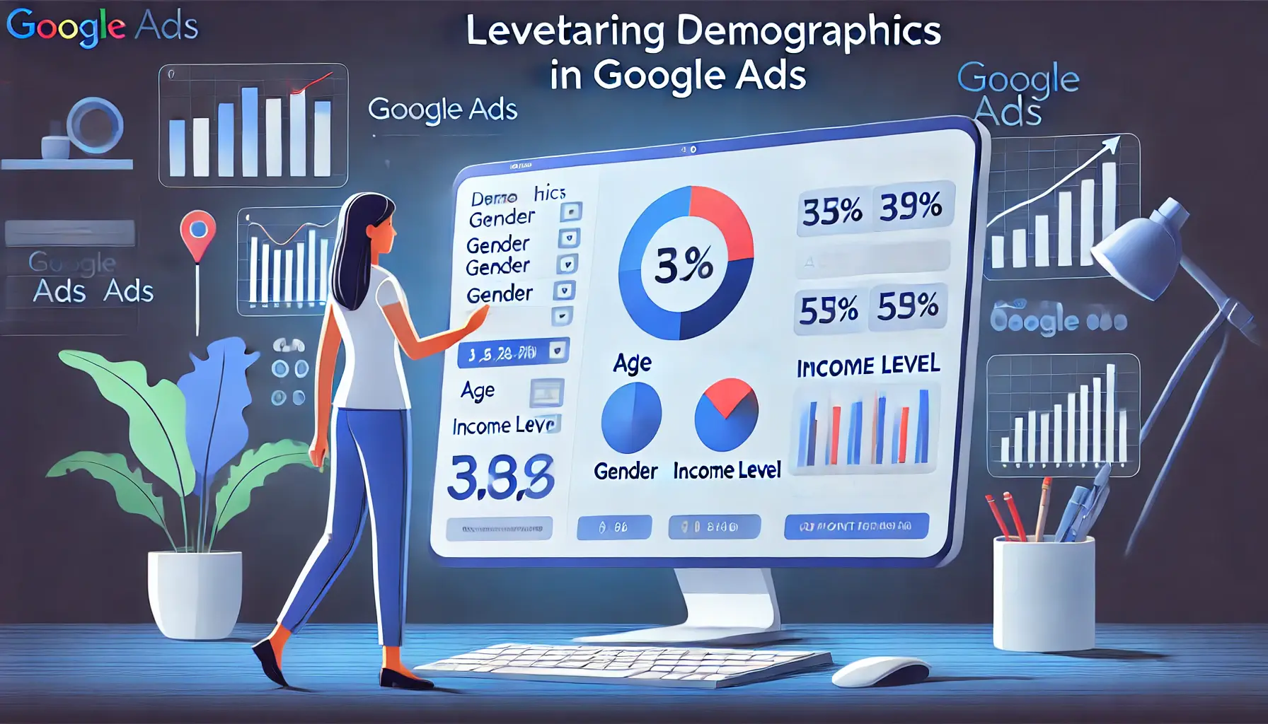 An illustration of a marketer using demographic targeting in Google Ads, analyzing age, gender, income, and parental status.