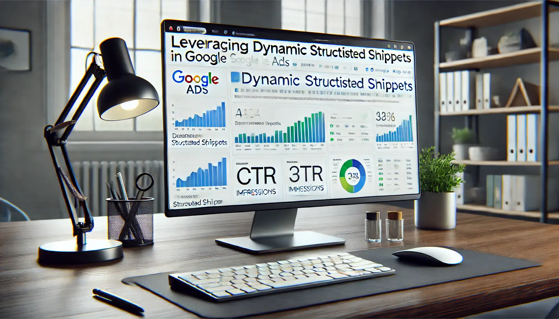 A Google Ads dashboard showcasing the automatic generation of dynamic structured snippets based on website content, with key metrics like CTR and impressions.