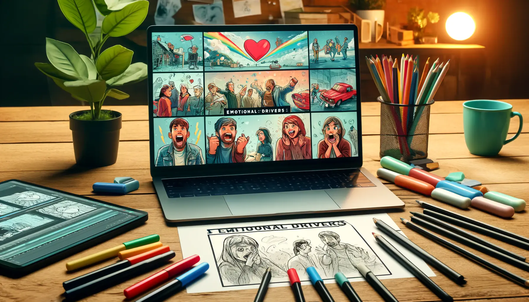 A creative workspace showcasing a storyboard with scenes evoking universal emotions such as joy, fear, and nostalgia, illustrating how emotional drivers enhance viewer connection.