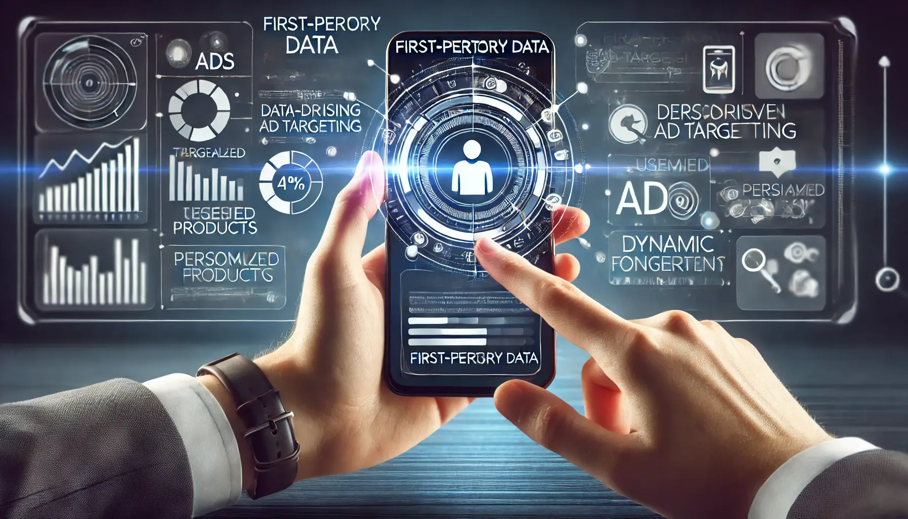 An image showing the use of first-party data for personalized ad campaigns, with a smartphone displaying targeted products, user preferences, and dynamic content.