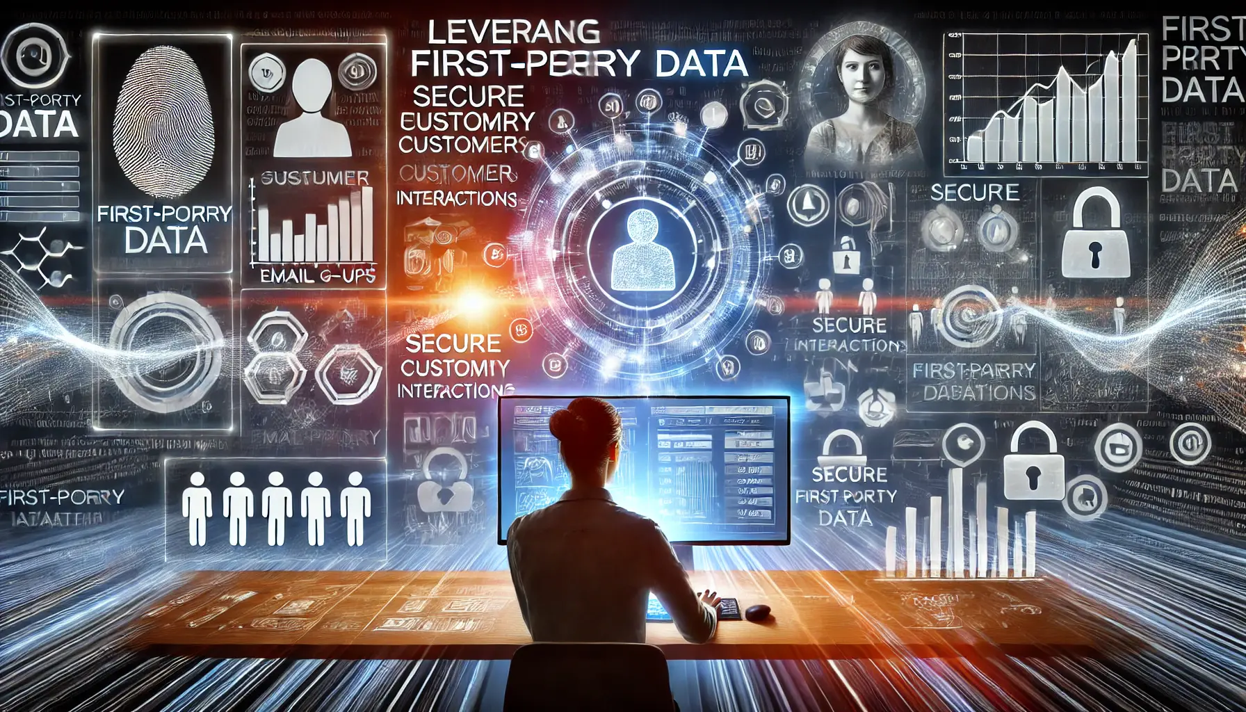 Digital artwork showing a marketer analyzing customer data on a computer screen, with graphs, charts, and user profiles displaying secure interactions.