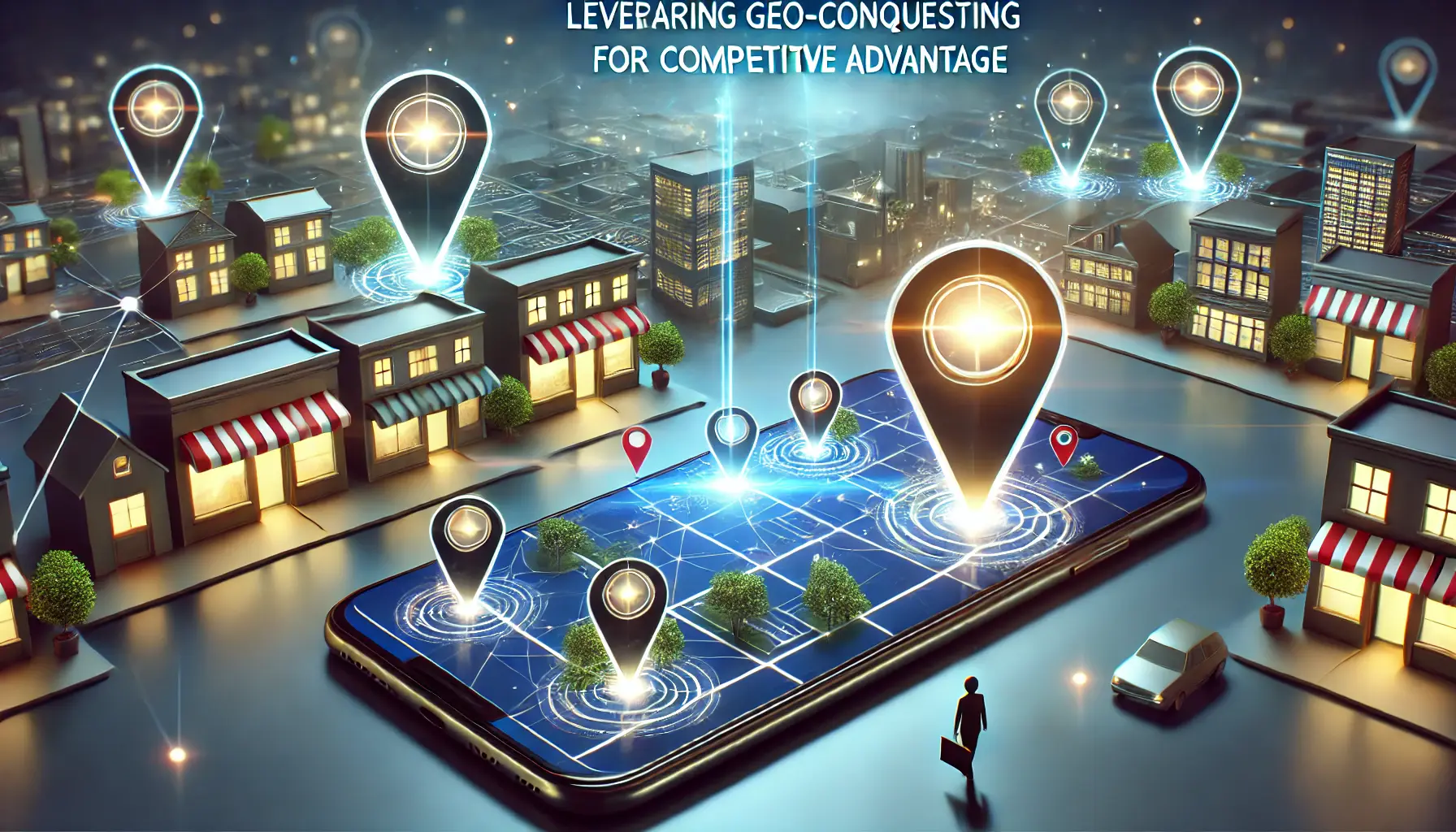 A digital map showing two businesses near each other with glowing indicators symbolizing geo-conquesting ads targeting customers near a competitor.