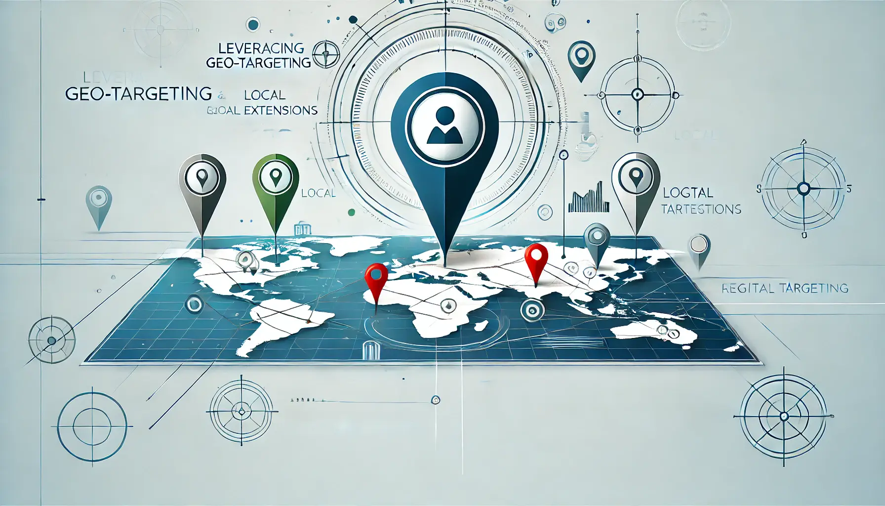 Abstract image of geo-targeting and local extensions with a map, pinpoint markers, location icons, and arrows showing regional targeting.