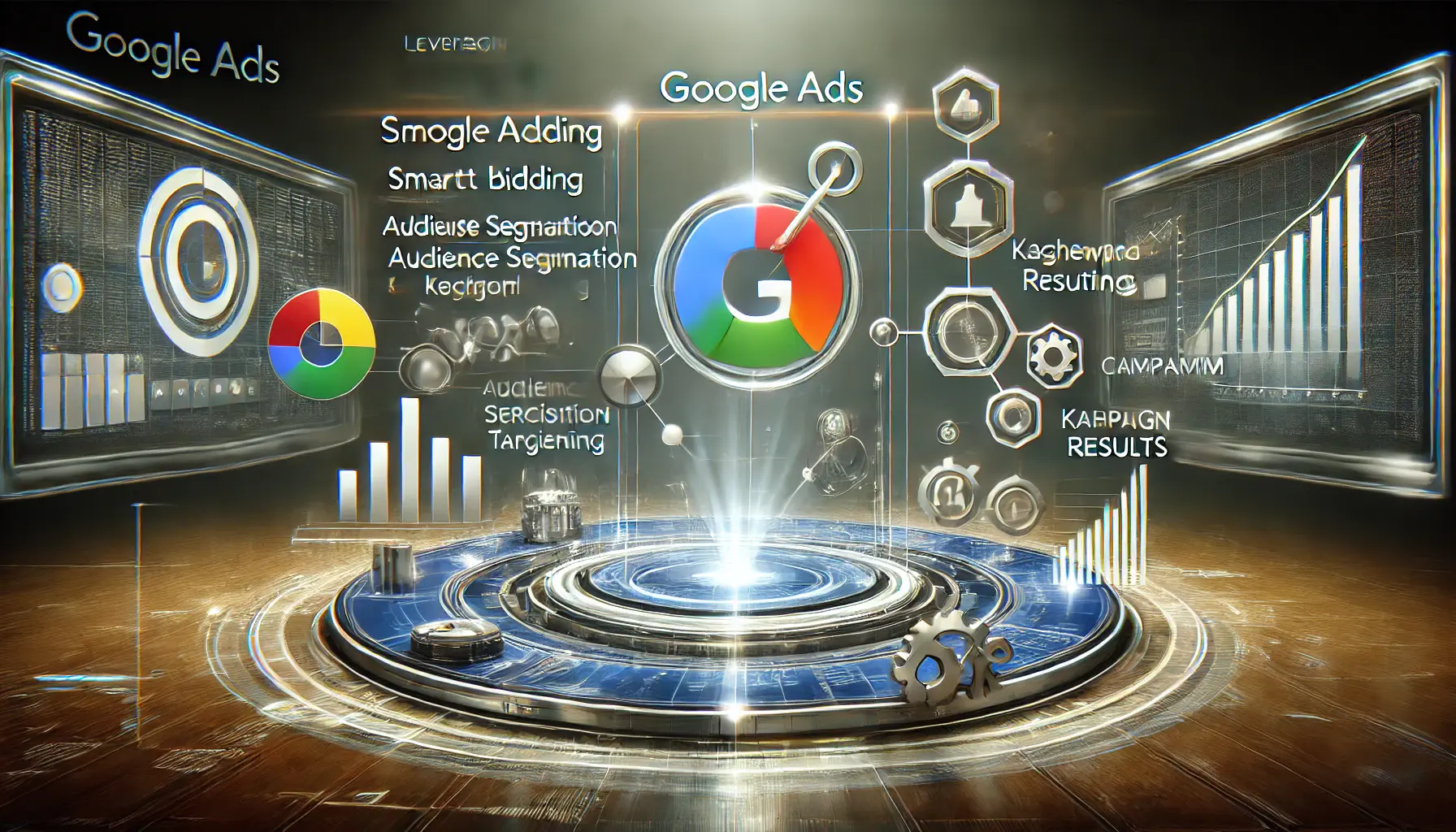 Abstract image showing various Google Ads tools like Smart Bidding, audience segmentation, and keyword targeting with icons representing targeting precision and optimization.