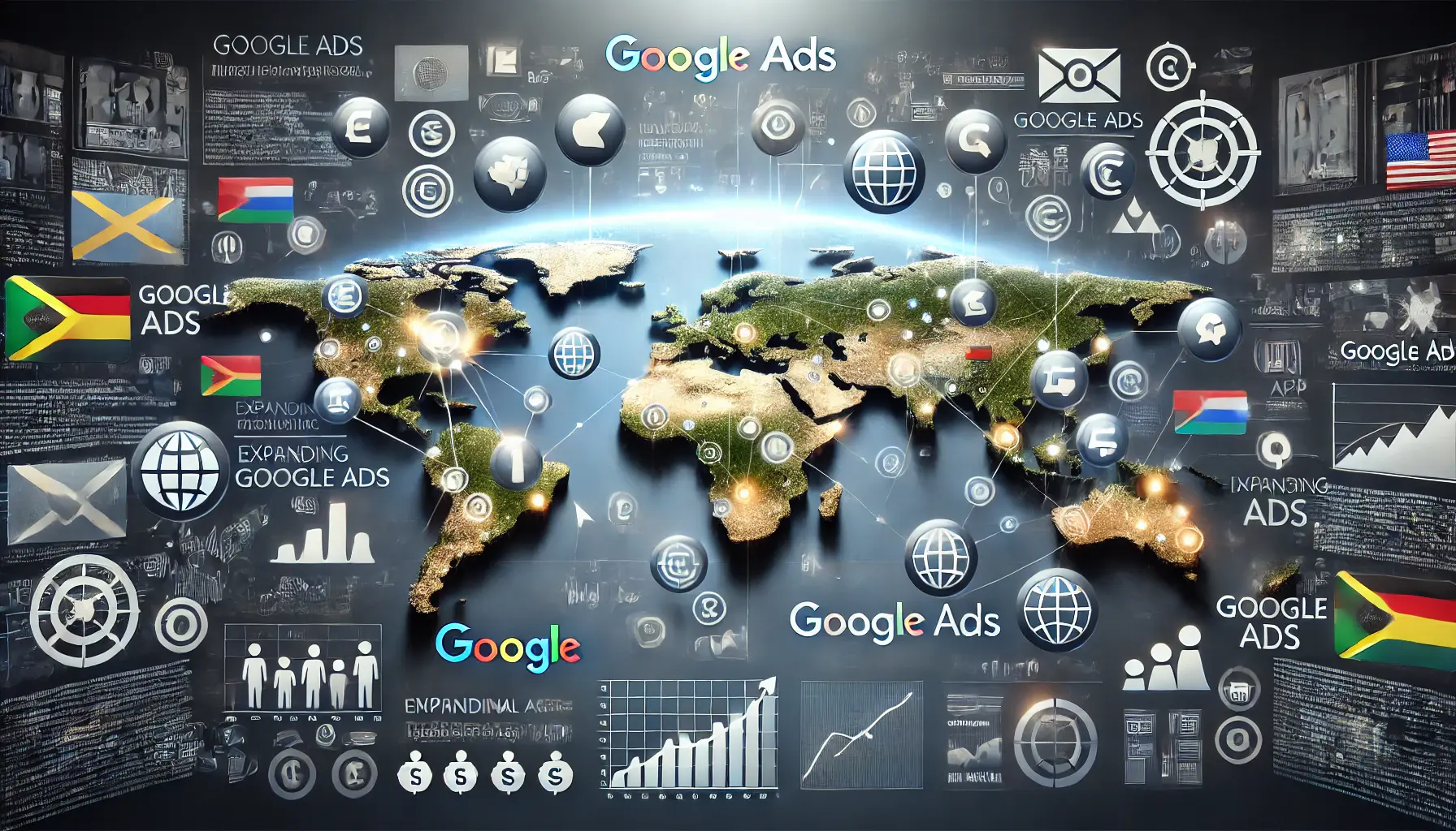 A digital marketing concept showing a world map with digital ad icons, arrows pointing to various countries, and elements representing currencies and languages, symbolizing Google Ads' global reach.