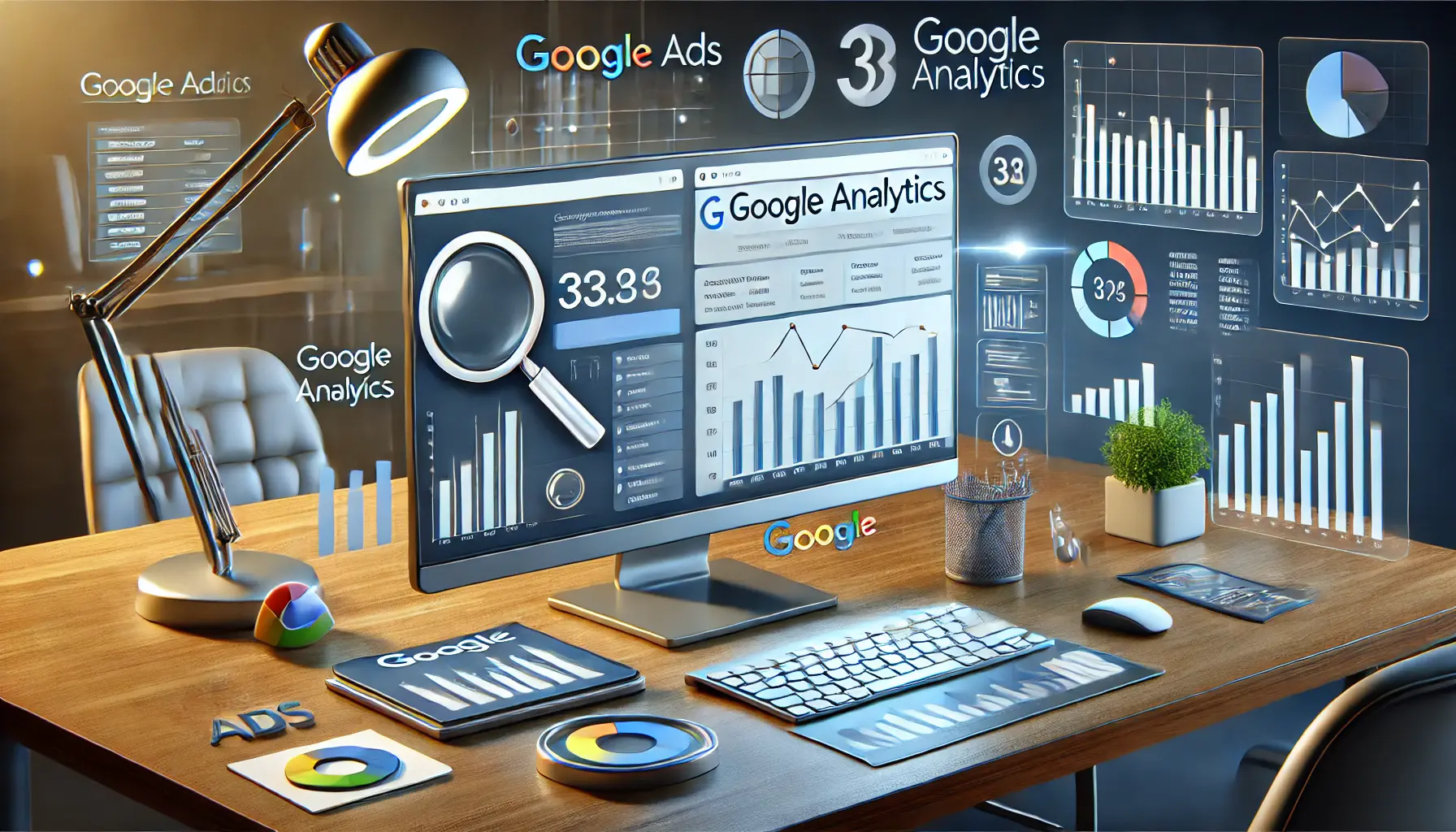 A modern workspace with a desktop displaying Google Analytics dashboards showing user behavior and conversion paths.