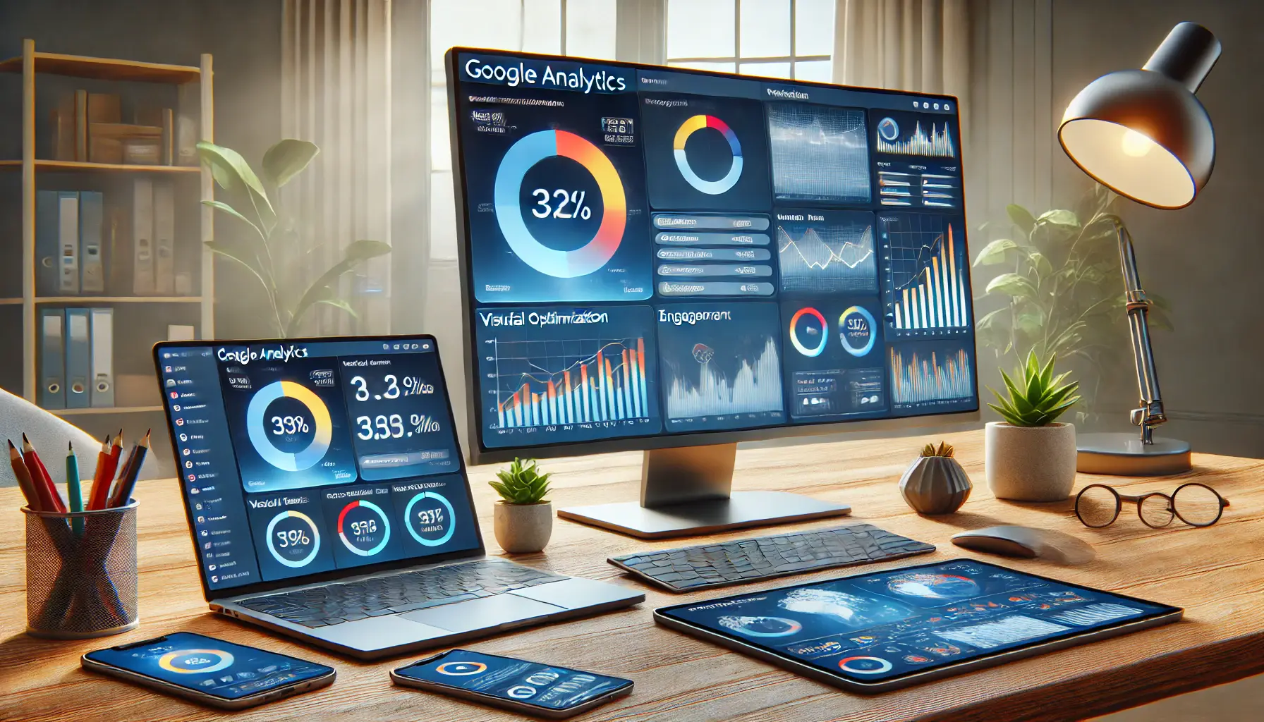 Digital marketing workspace showing a Google Analytics dashboard with visual data metrics on a monitor and a laptop.