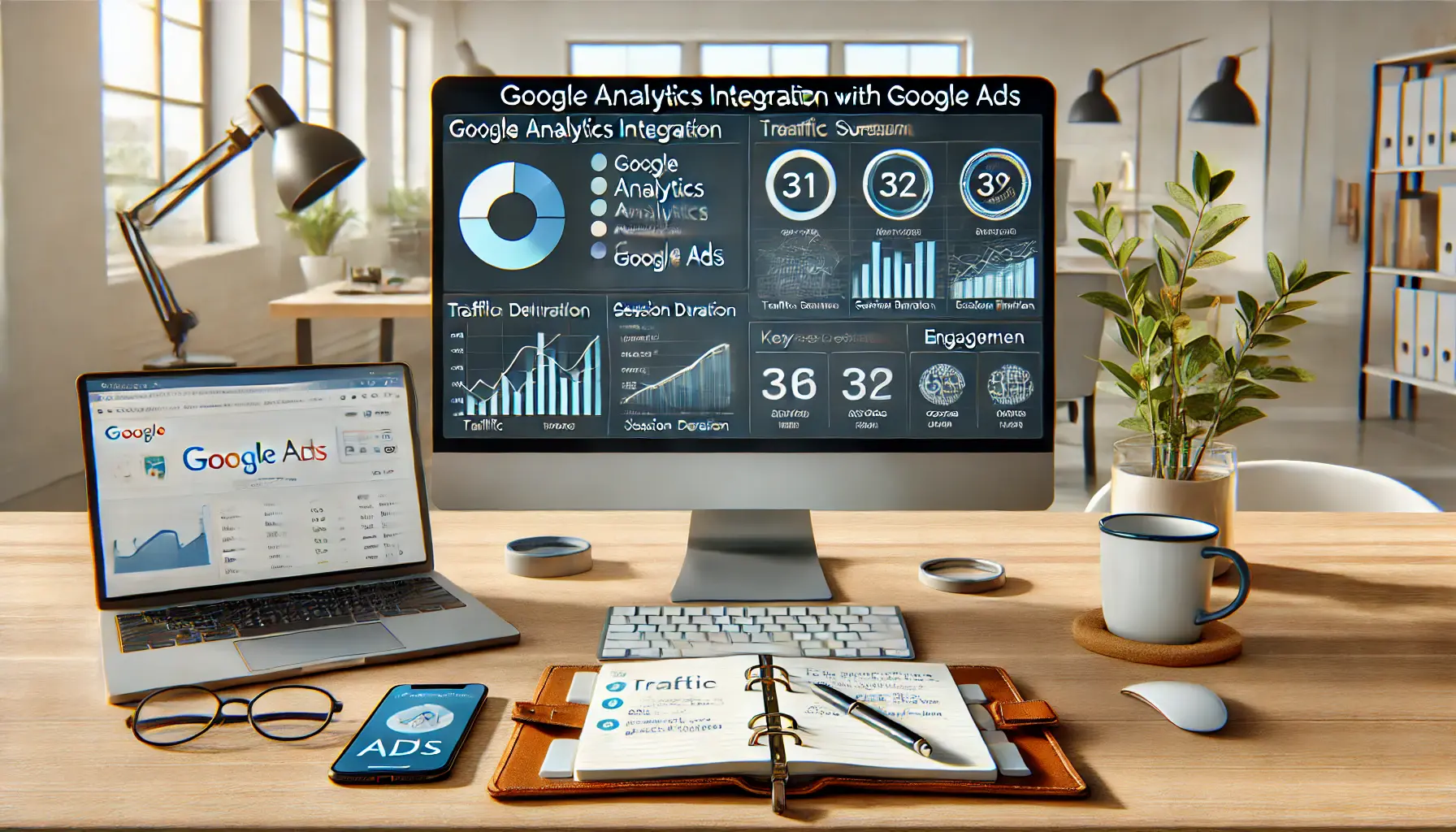 A professional workspace with a computer displaying the Google Analytics interface showing traffic sources, session duration, and engagement metrics integrated with Google Ads. The desk includes a notebook with notes on analytics, a pen, a smartphone, and a coffee cup, set in a bright office environment.