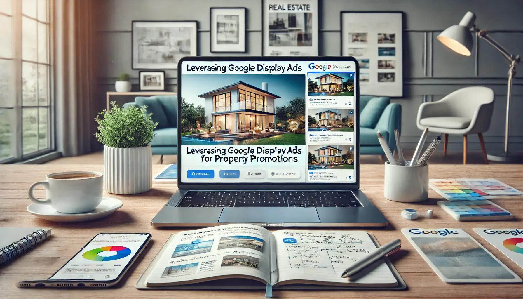 A digital marketing workspace with a laptop displaying a Google Display Ad campaign featuring property images for real estate promotion.