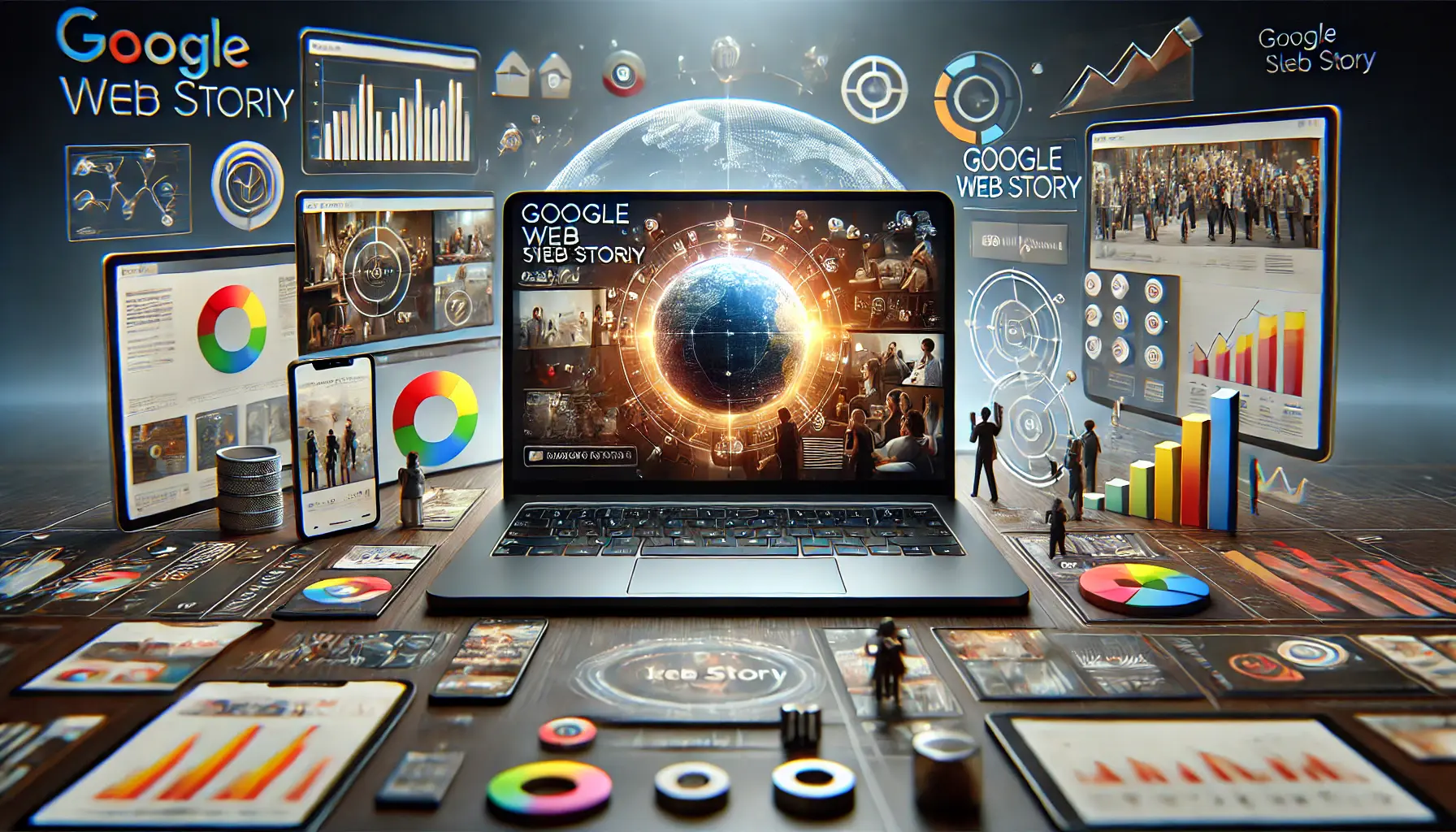 An image showing the use of Google Web Stories on a laptop with engaging visuals and interactive elements, alongside mobile devices and analytics symbols.