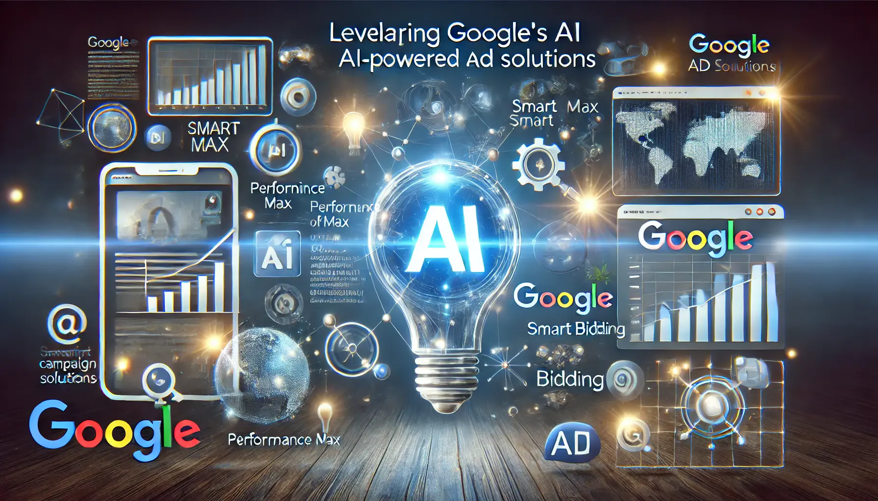 A dynamic depiction of Google's AI-powered advertising tools, showcasing campaign optimization and performance analytics.