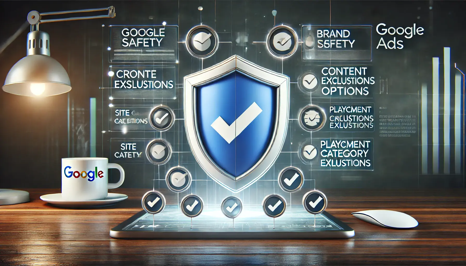 An image depicting Google's brand safety tools and features in digital advertising, showing tools like content exclusions, site category options, and placement exclusions.